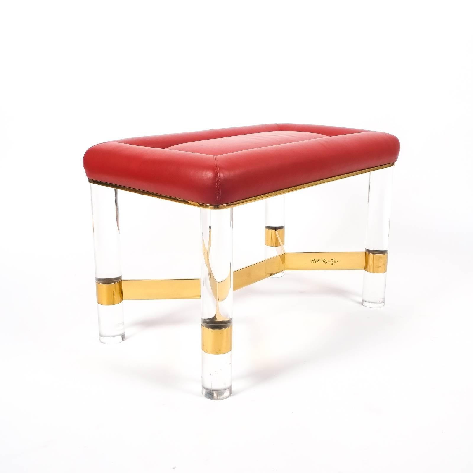 Hollywood Regency Karl Springer Bench in Leather, Brass and Lucite, USA, 1970