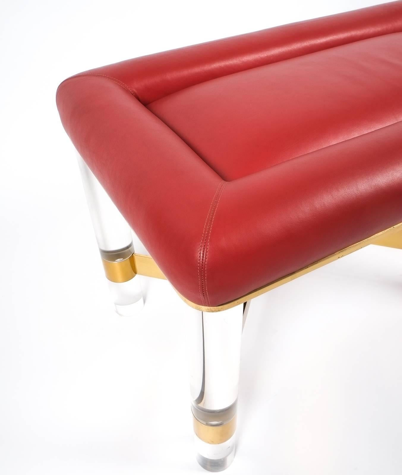 Late 20th Century Karl Springer Bench in Leather, Brass and Lucite, USA, 1970