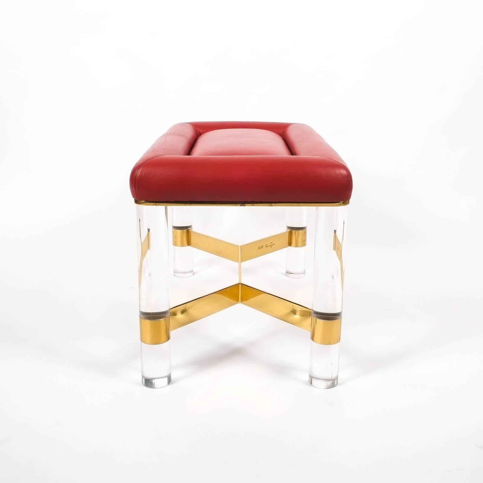 Polished Karl Springer Bench in Leather, Brass and Lucite, USA, 1970
