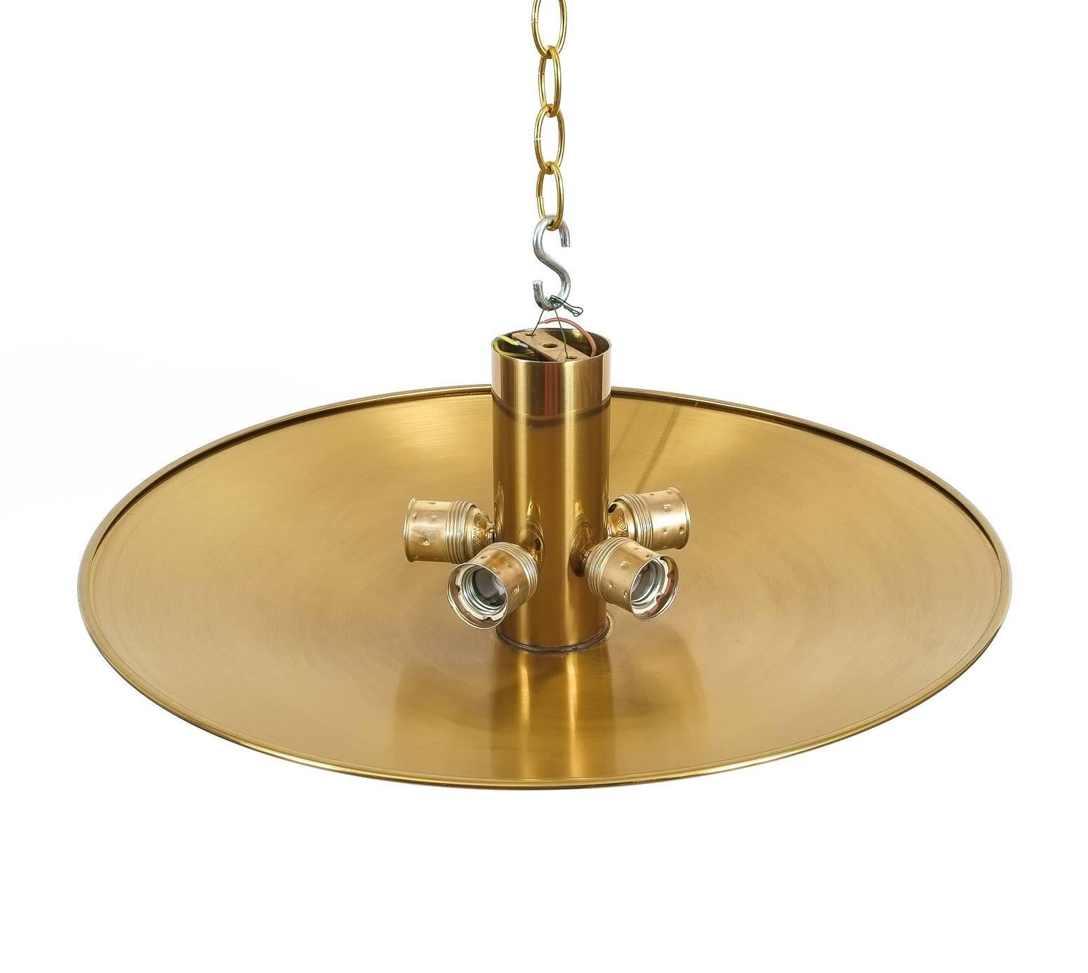 J.T Kalmar large golden brass flush mount or ceiling lamp, Austria circa 1960. Beautiful 21.65 inch dish flush mount by J.T Kalmar. The ceiling fixture consists of polished golden patinized brass, which was then treated against tarnishing. It holds