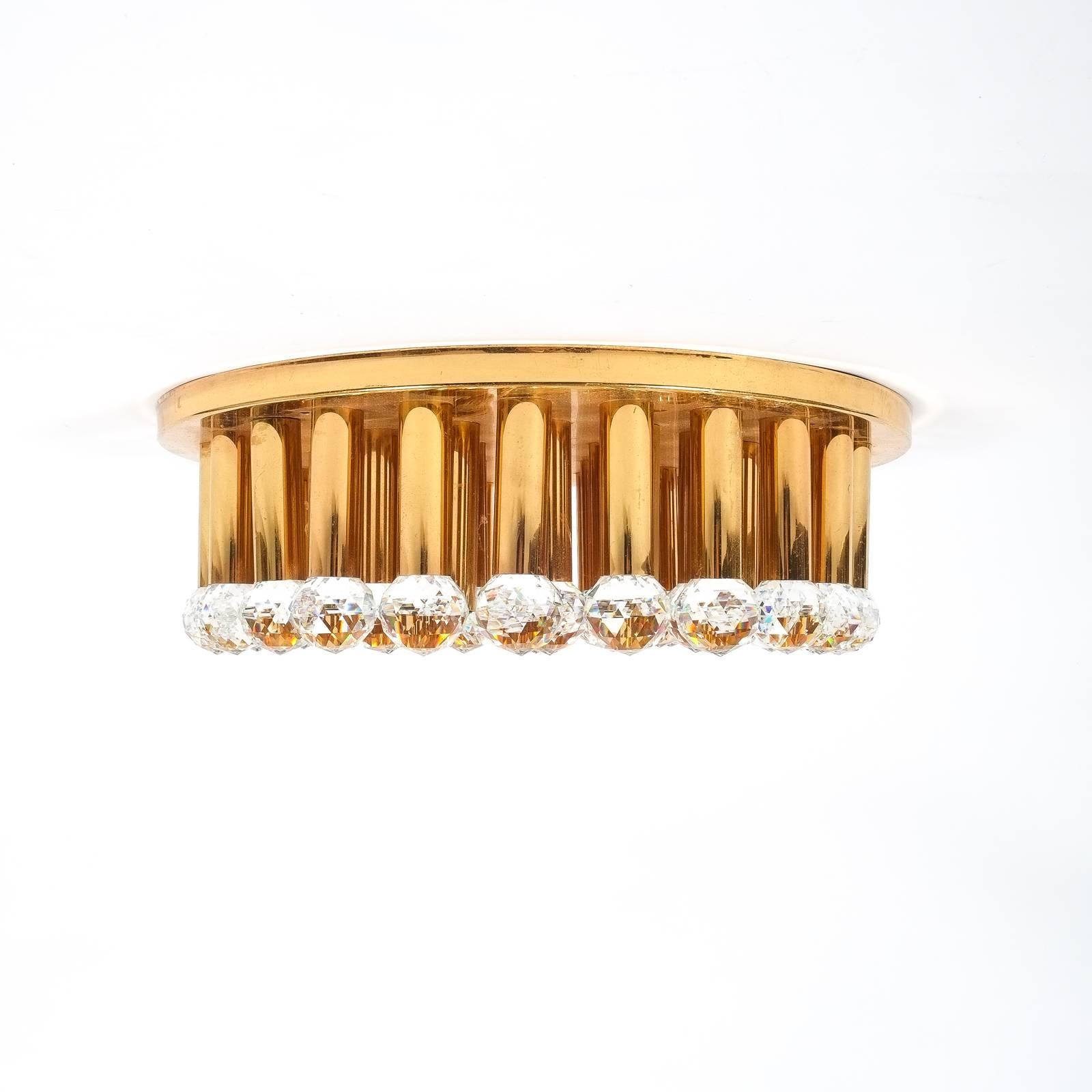 Gilt Beautiful Gold Palwa Brass and Crystal Cut Glass Flush Mount Ceiling Lamp, 1970
