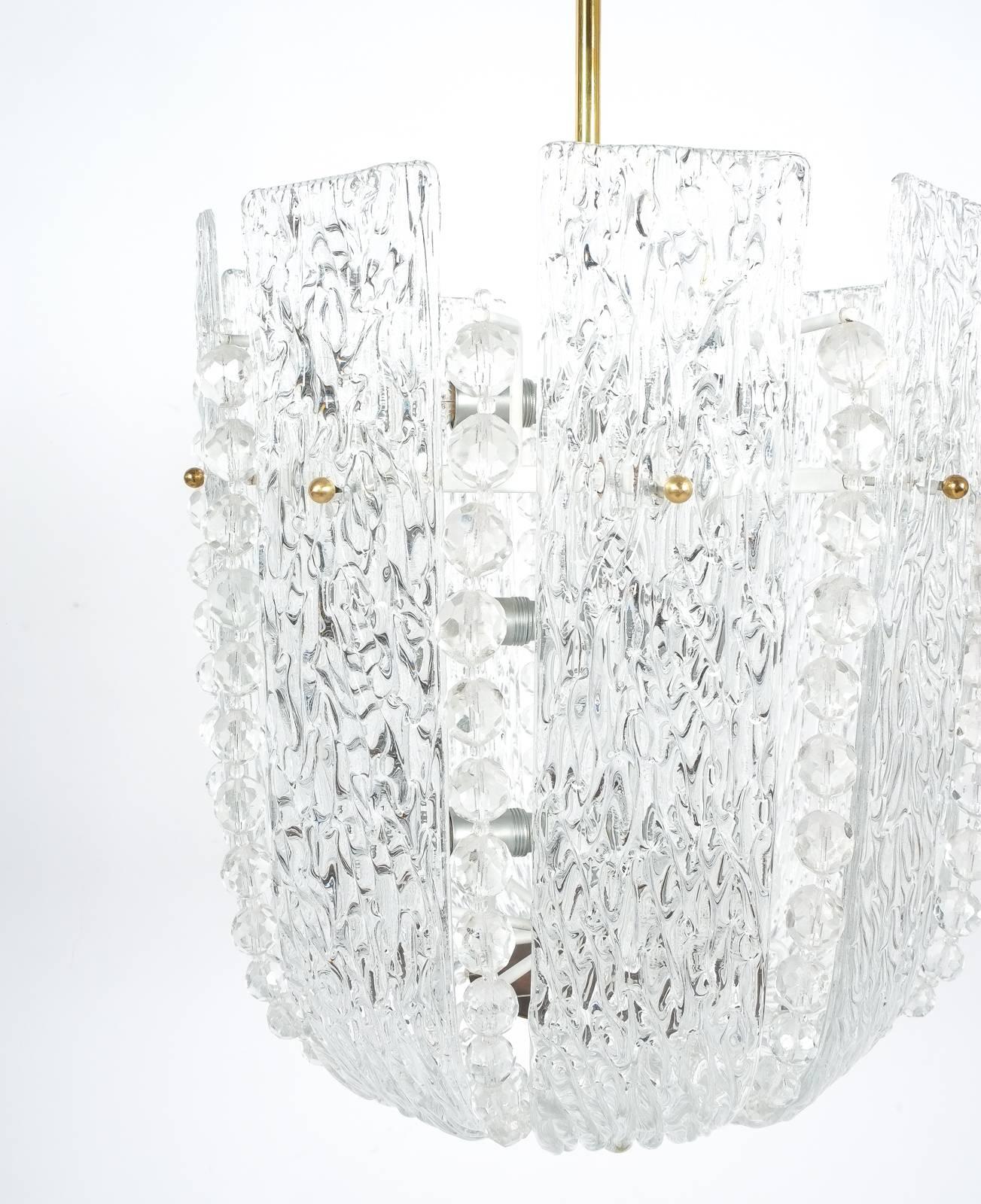 J.T Kalmar Glass and Brass Basket Chandelier Lantern Lamp, Austria 1950 For Sale 1