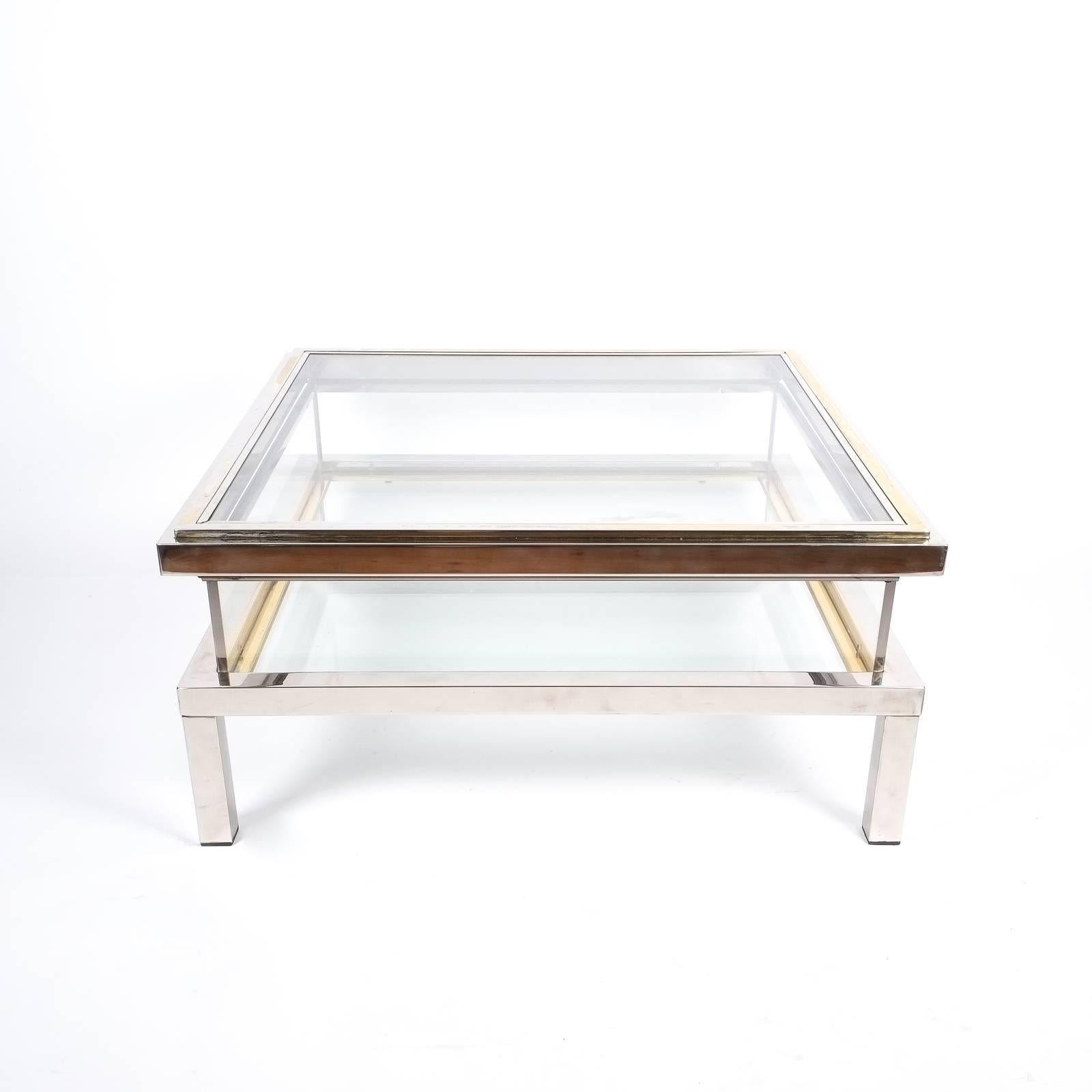 French Refurbished Maison Jansen Brass and Chrome Vitrine Coffee Table, 1970