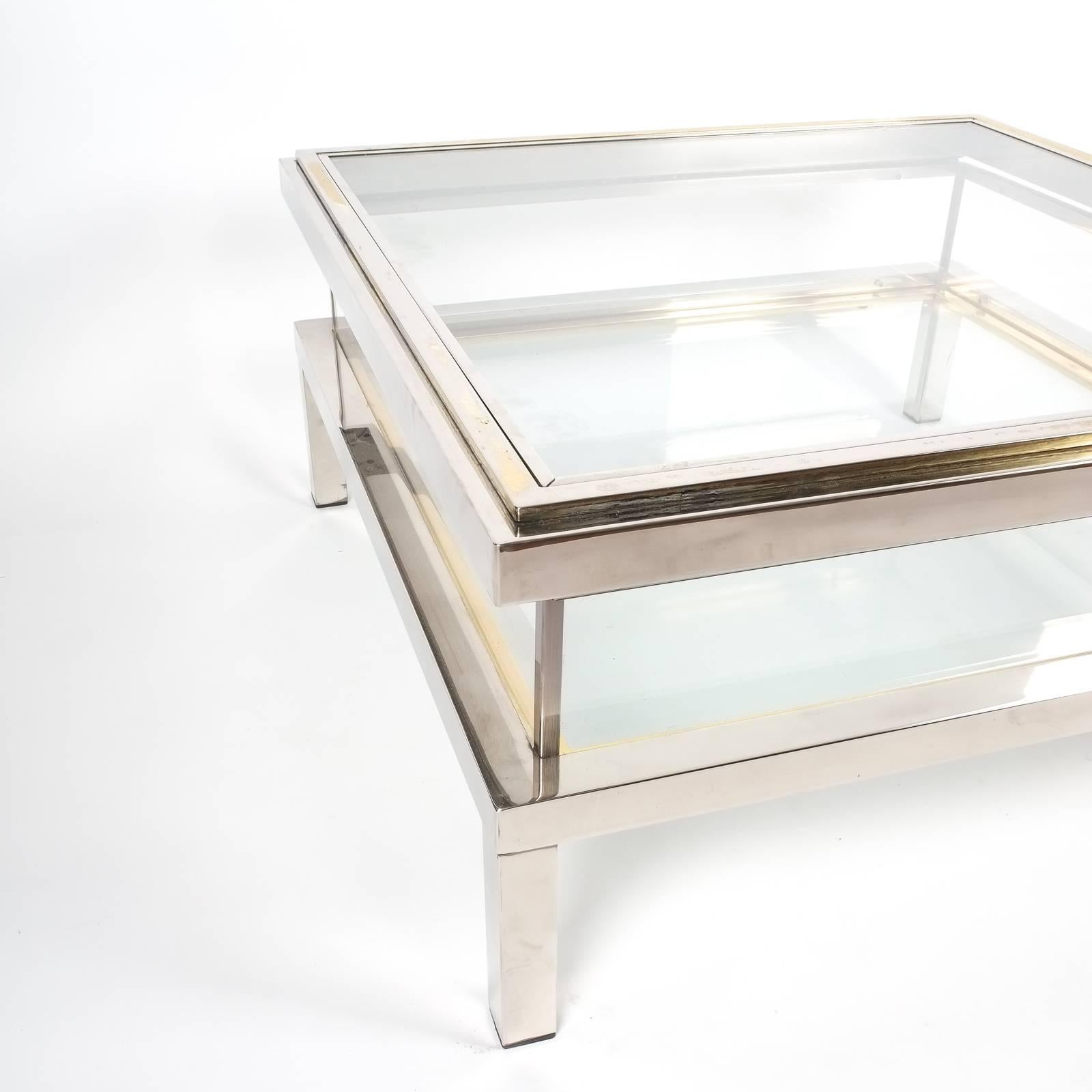 Hollywood Regency Refurbished Maison Jansen Brass and Chrome Vitrine Coffee Table, 1970