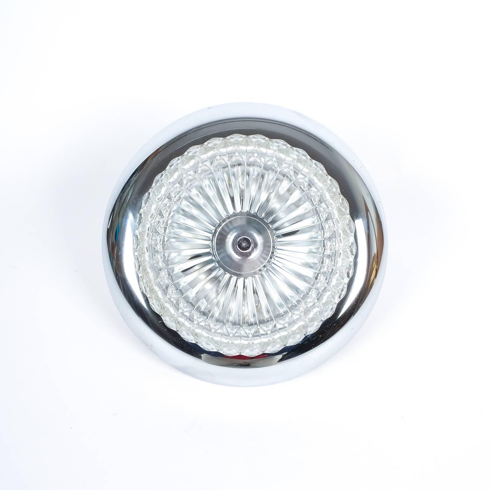 Italian One of Three Refurbished Textured Glass and Chrome Flush Mount Lamps, Italy 1970 For Sale
