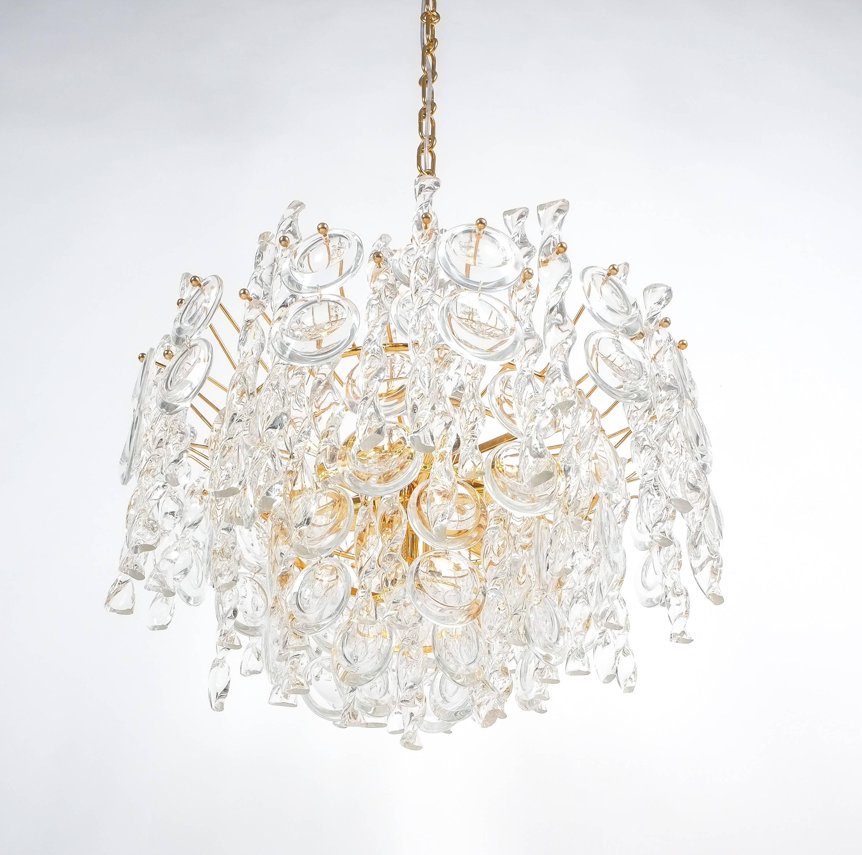 Hollywood Regency Palwa Tendril Ribbon Glass and Gold Chandelier Lamp Refurbished, 1960 For Sale
