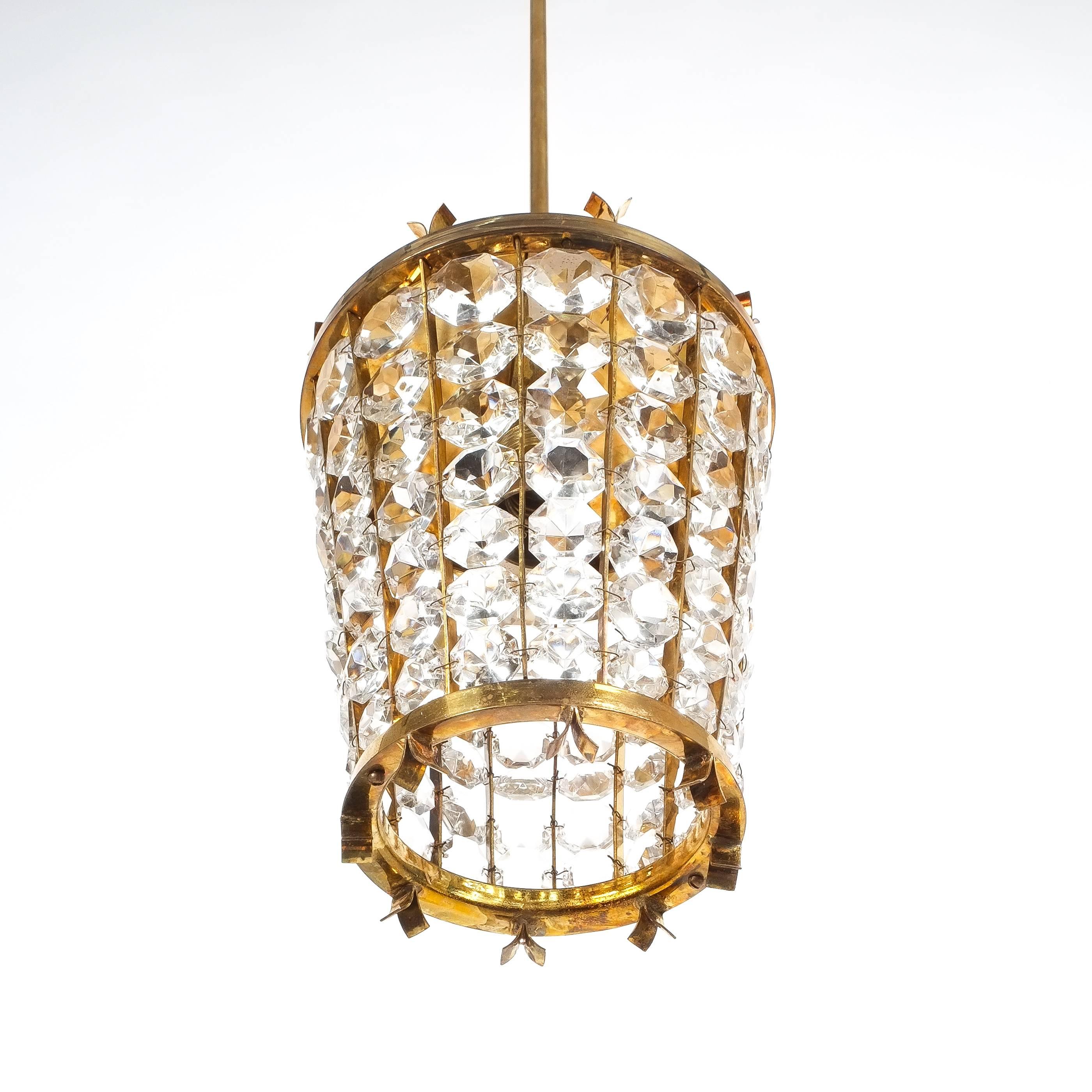 Austrian Bakalowits Sohne Lantern Pendant Lamp from Brass Crystal Glass, 1950 For Sale