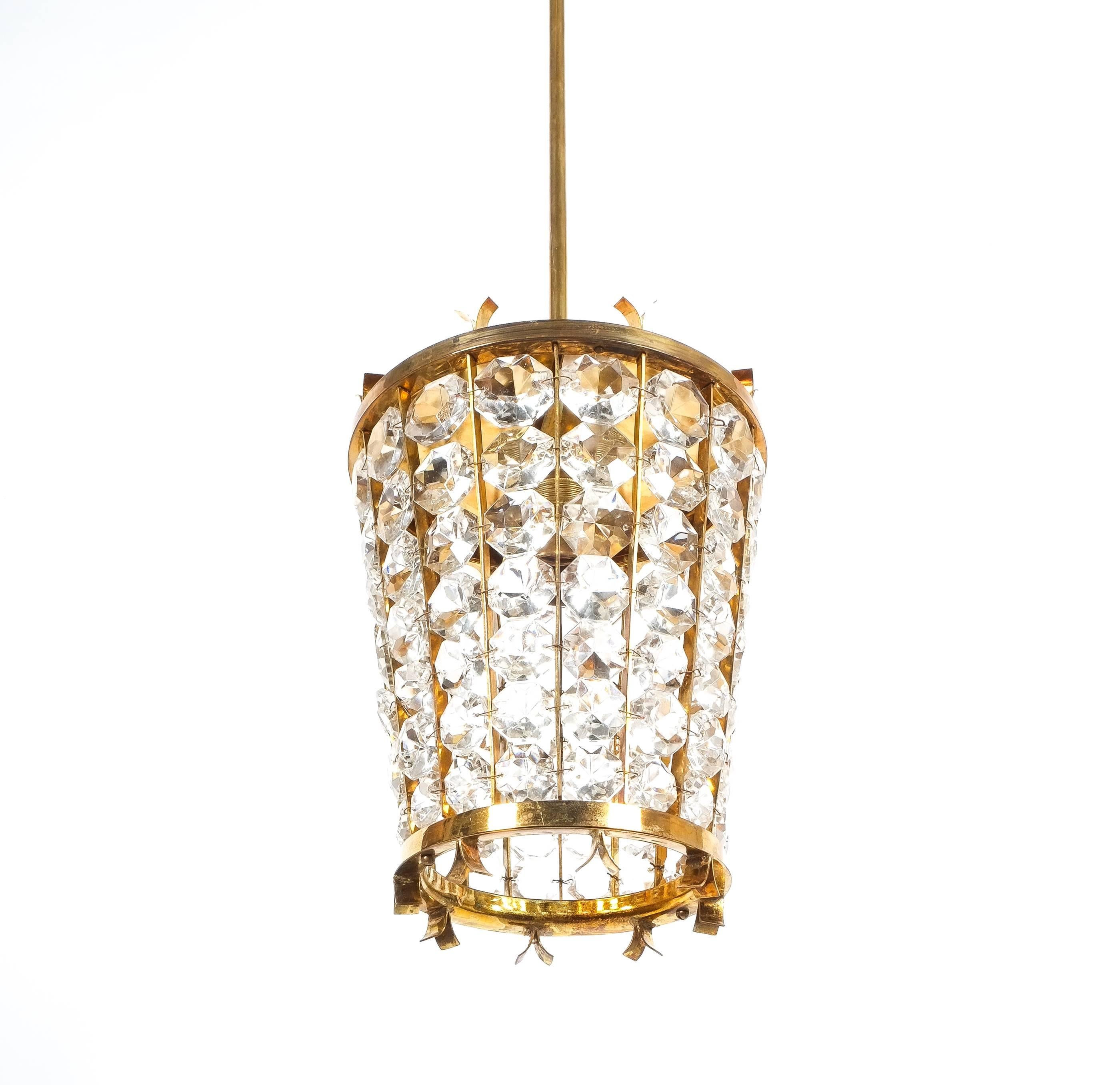 Bakalowits Sohne Lantern Pendant Lamp from Brass Crystal Glass, 1950 In Good Condition For Sale In Vienna, AT