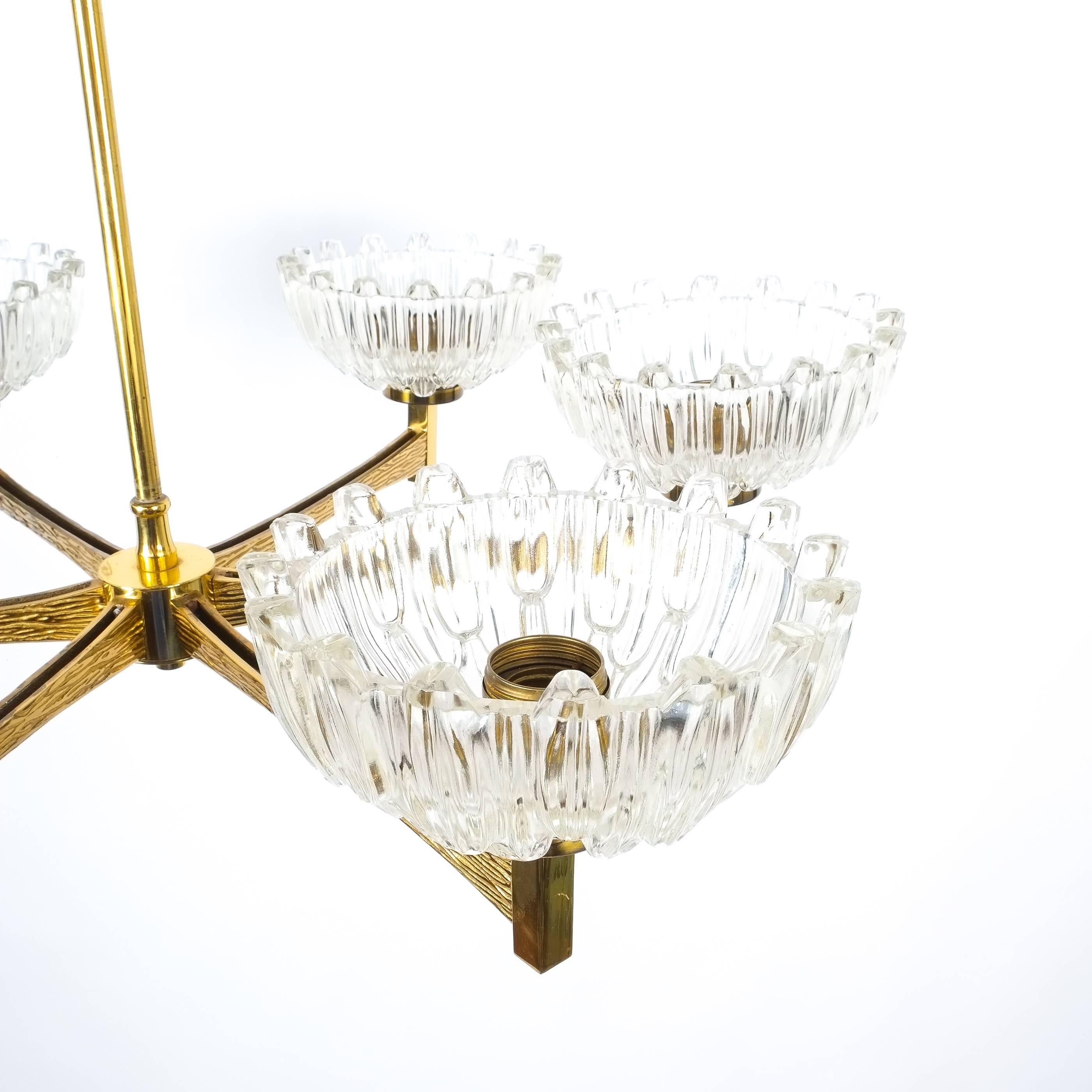 Hans-Agne Jakobsson Attributed Six-Arm Chandelier from Brass Glass, 1960 In Excellent Condition For Sale In Vienna, AT