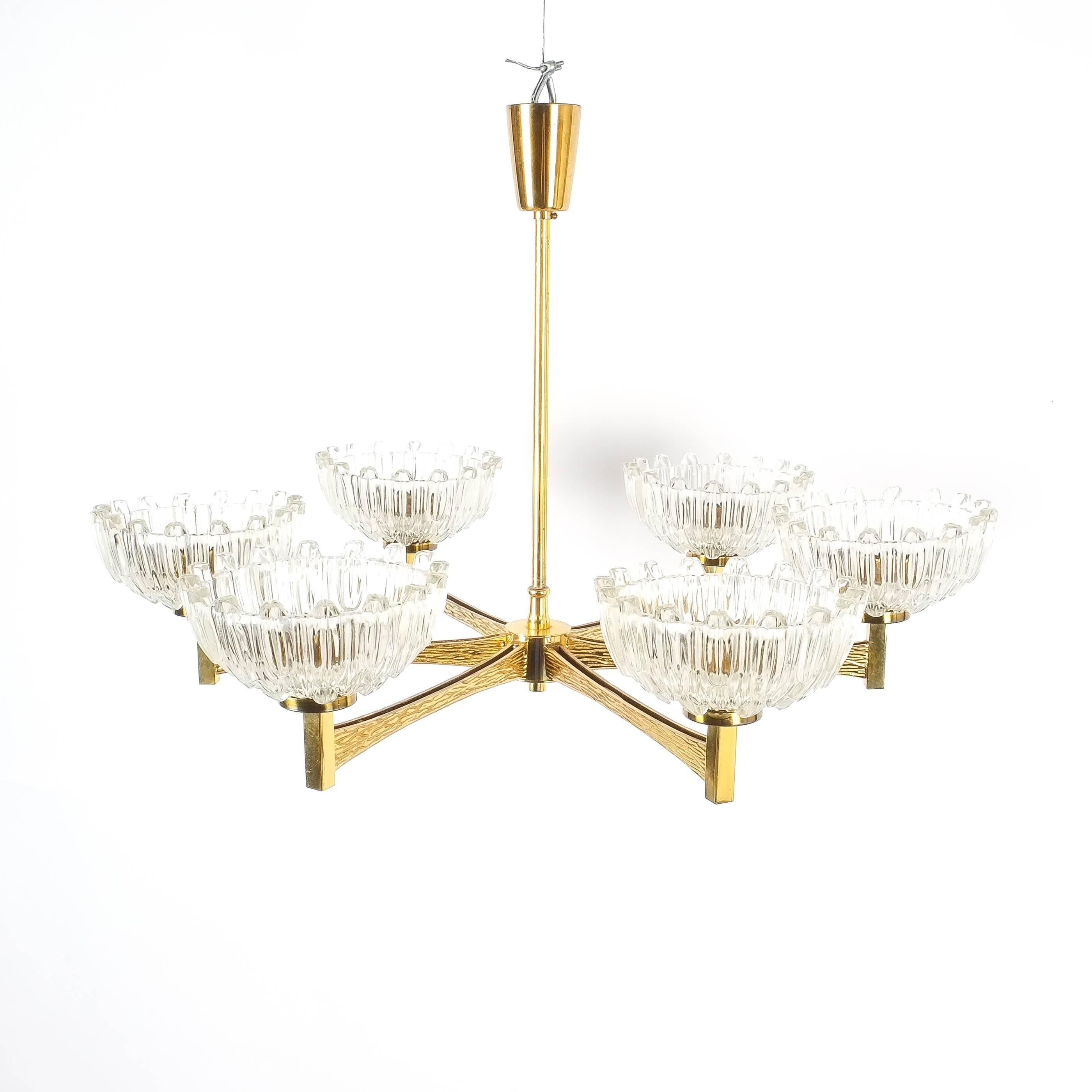 Hans-Agne Jakobsson Attributed Six-Arm Chandelier from Brass Glass, 1960 For Sale 1