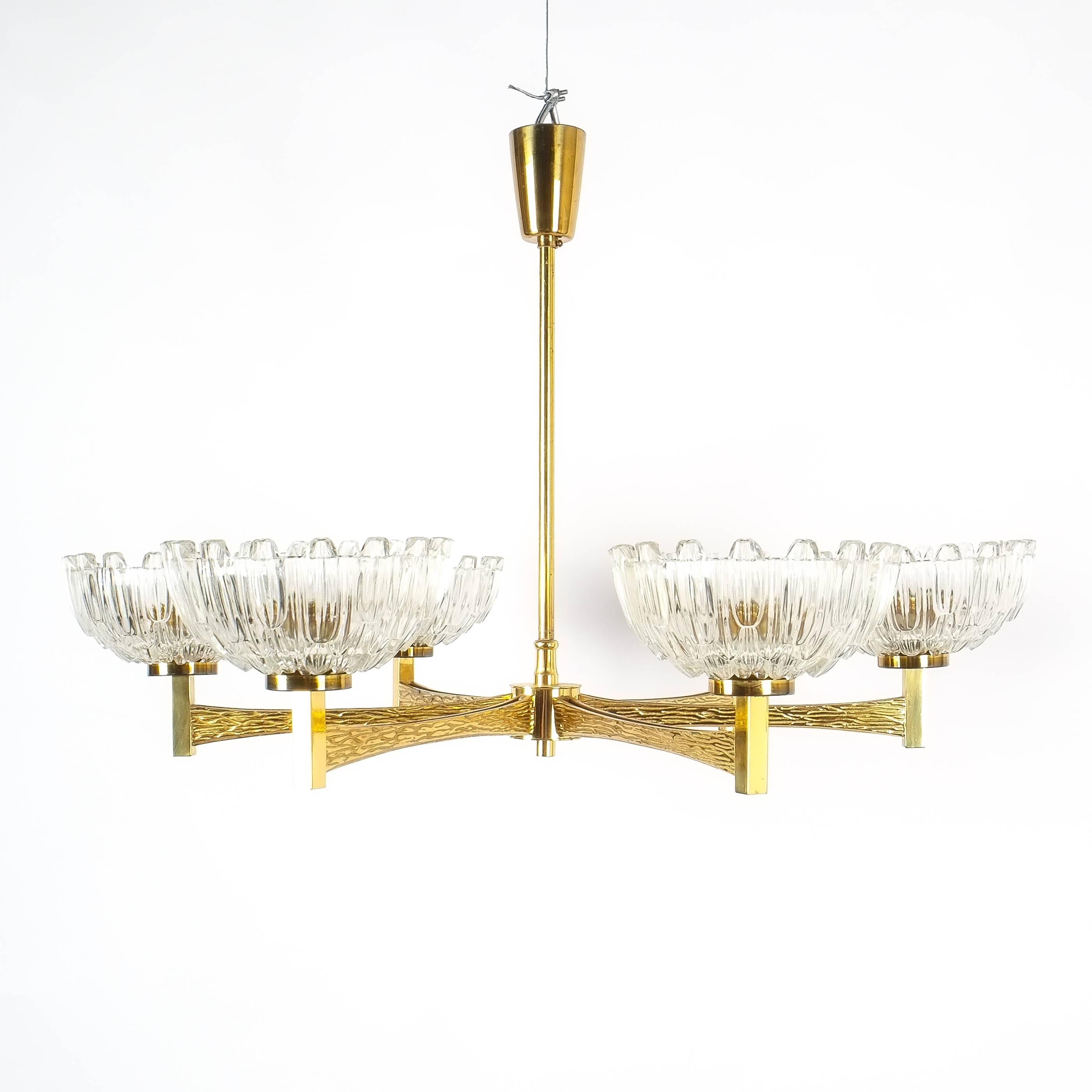 Hans-Agne Jakobsson Attributed Six-Arm Chandelier from Brass Glass, 1960 For Sale 2