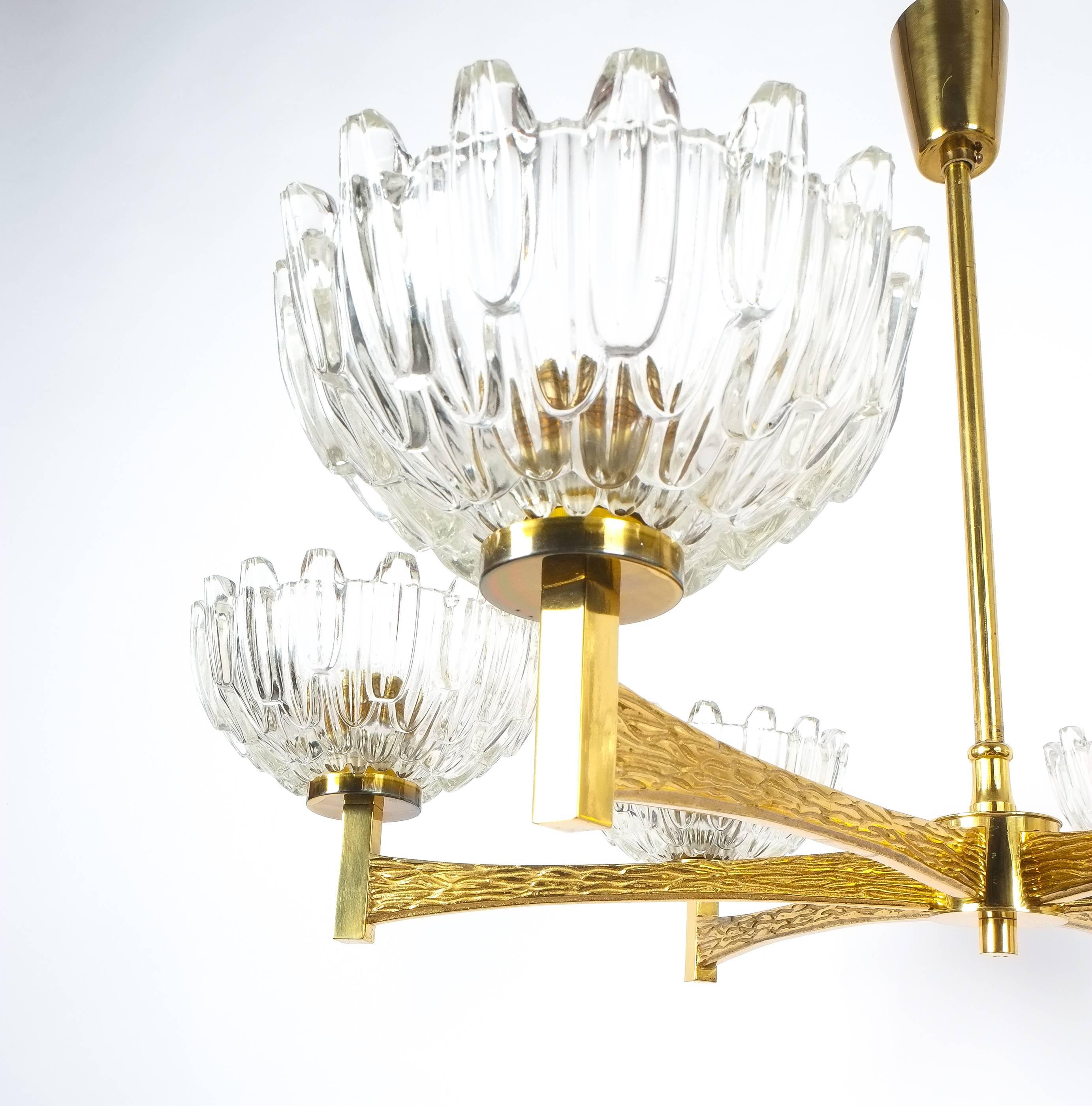 Mid-20th Century Hans-Agne Jakobsson Attributed Six-Arm Chandelier from Brass Glass, 1960 For Sale