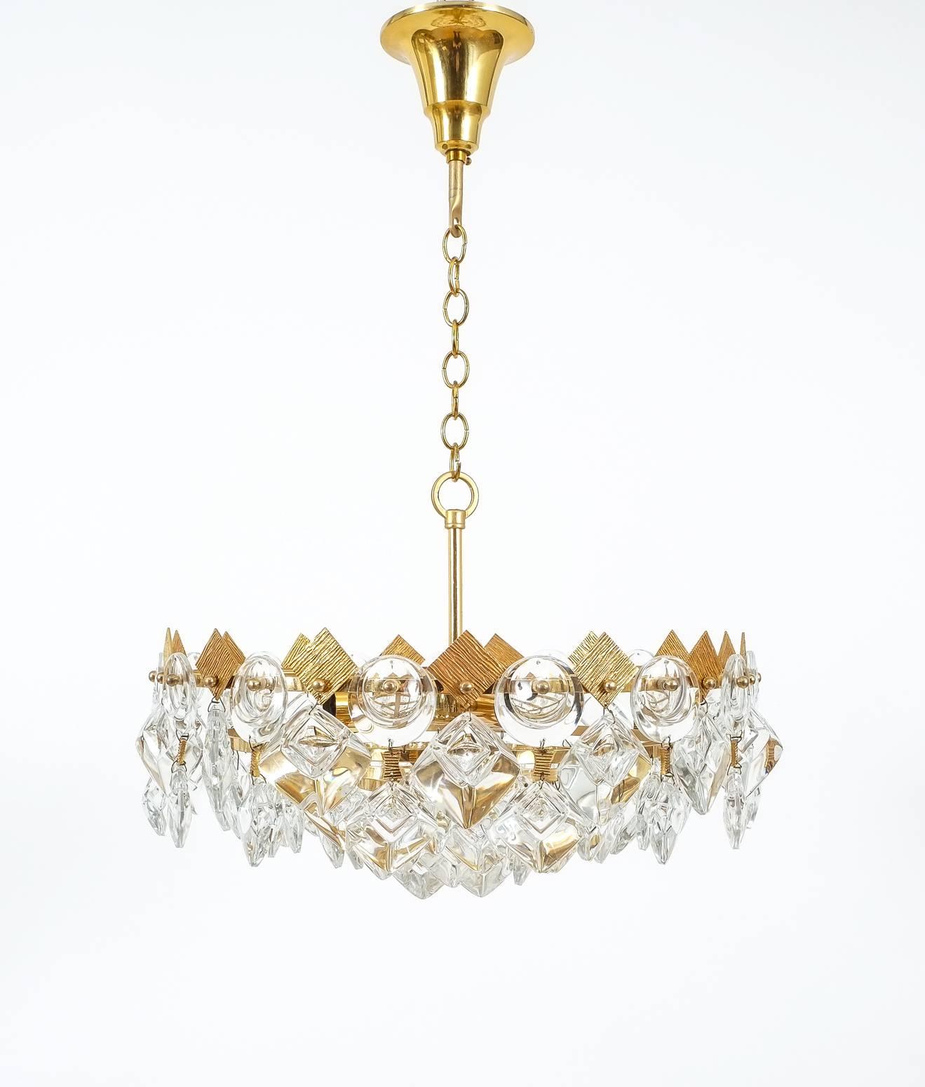 Hollywood Regency Petite Gilded Brass and Glass Chandelier Lamp by Palwa, 1970 For Sale