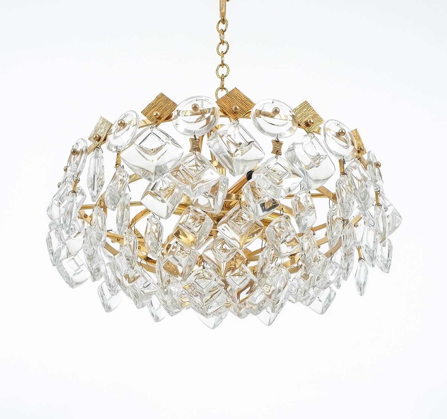 German Petite Gilded Brass and Glass Chandelier Lamp by Palwa, 1970 For Sale