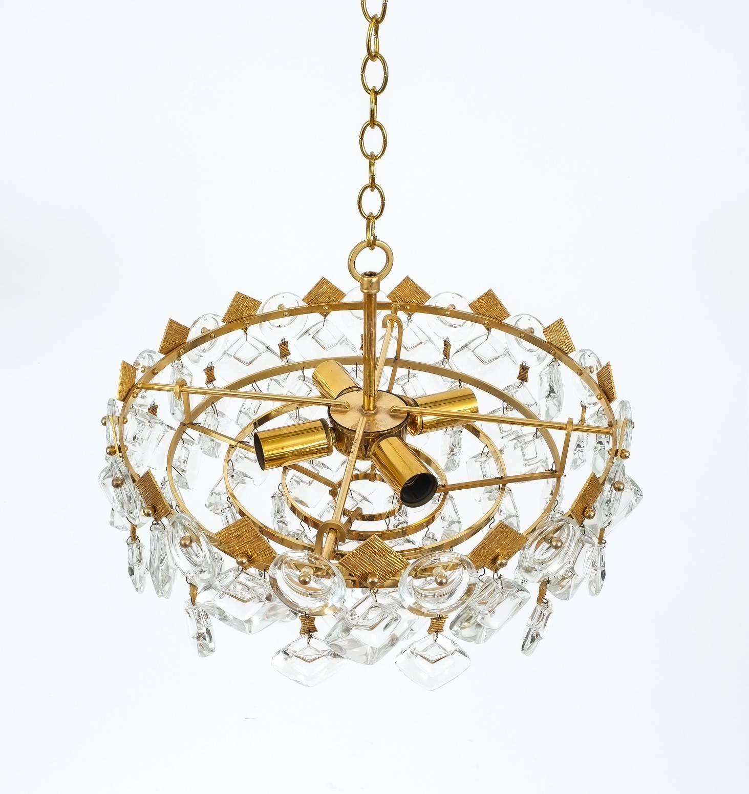 Gilt Petite Gilded Brass and Glass Chandelier Lamp by Palwa, 1970 For Sale