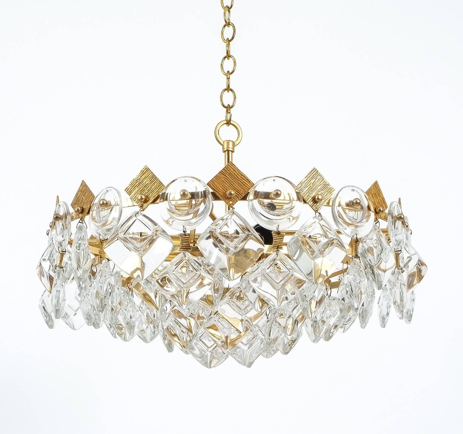 Mid-20th Century Petite Gilded Brass and Glass Chandelier Lamp by Palwa, 1970 For Sale