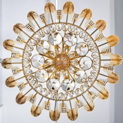 Brass Glass Chandelier Lamp Large Gold-Plated, Italy Mid Century