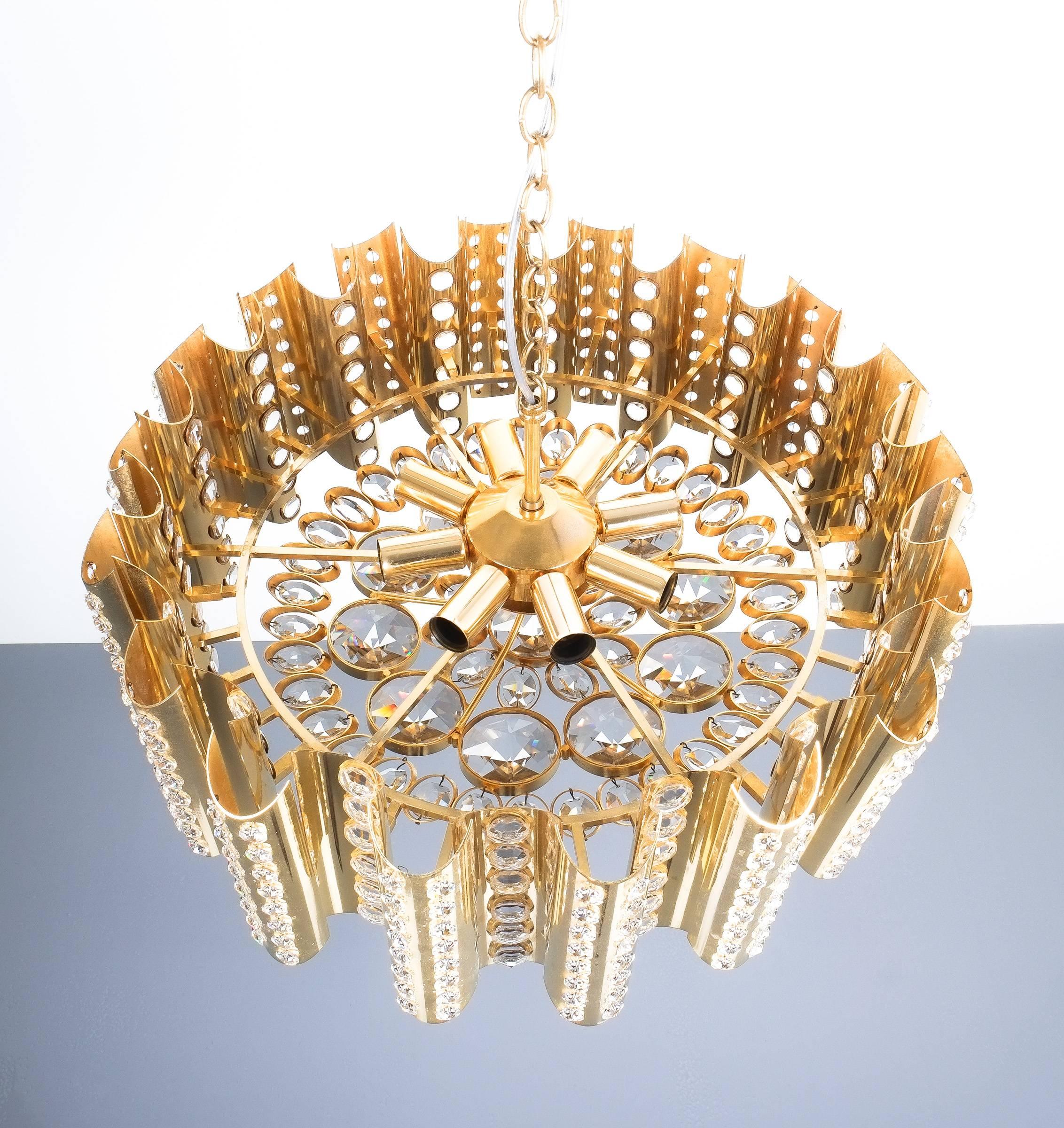 Italian Brass Glass Chandelier Lamp Large Gold-Plated, Italy Mid Century For Sale