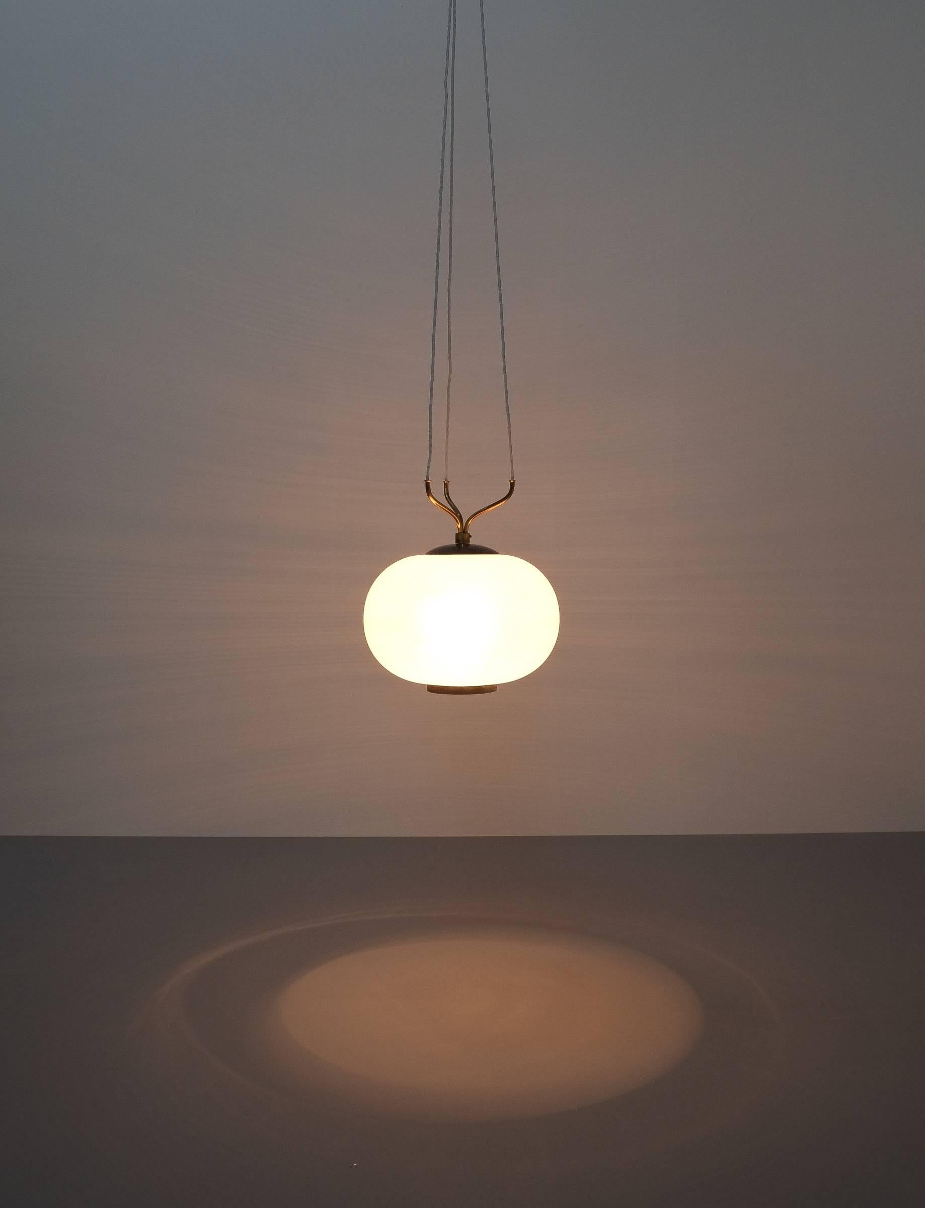 Satin Glass and Brass Suspension Pendant Lamp by Stilnovo, Italy, 1950 4