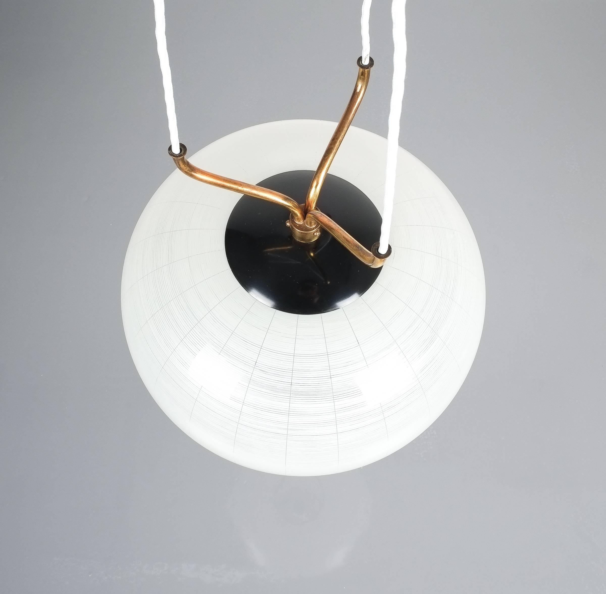 Mid-20th Century Satin Glass and Brass Suspension Pendant Lamp by Stilnovo, Italy, 1950