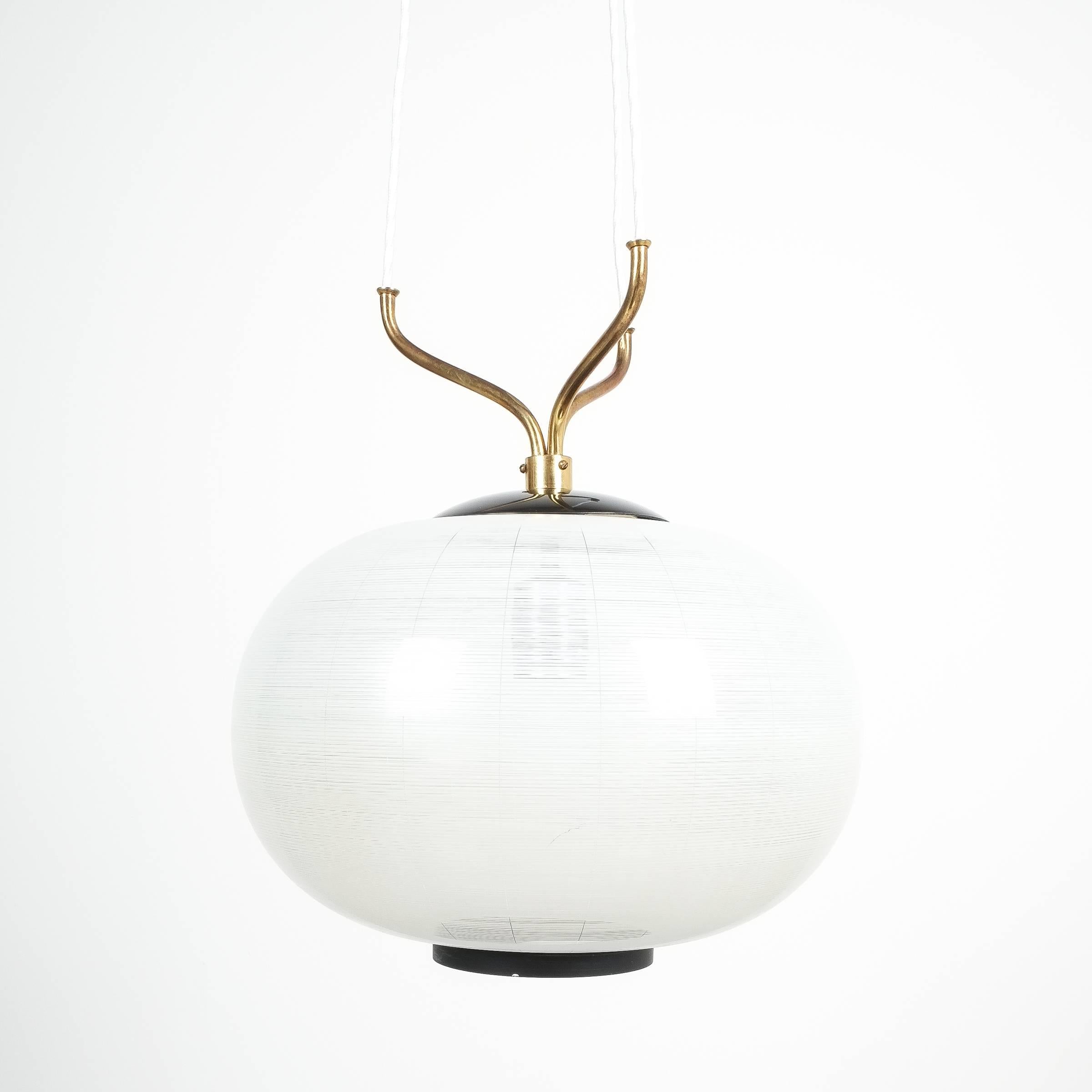 Satin Glass and Brass Suspension Pendant Lamp by Stilnovo, Italy, 1950 3