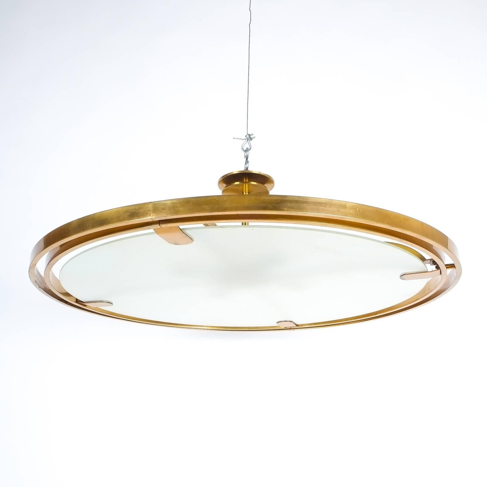French Art Deco Brass Satin Glass Graphical Ceiling Lamp Flush Mount UFO, circa 1920