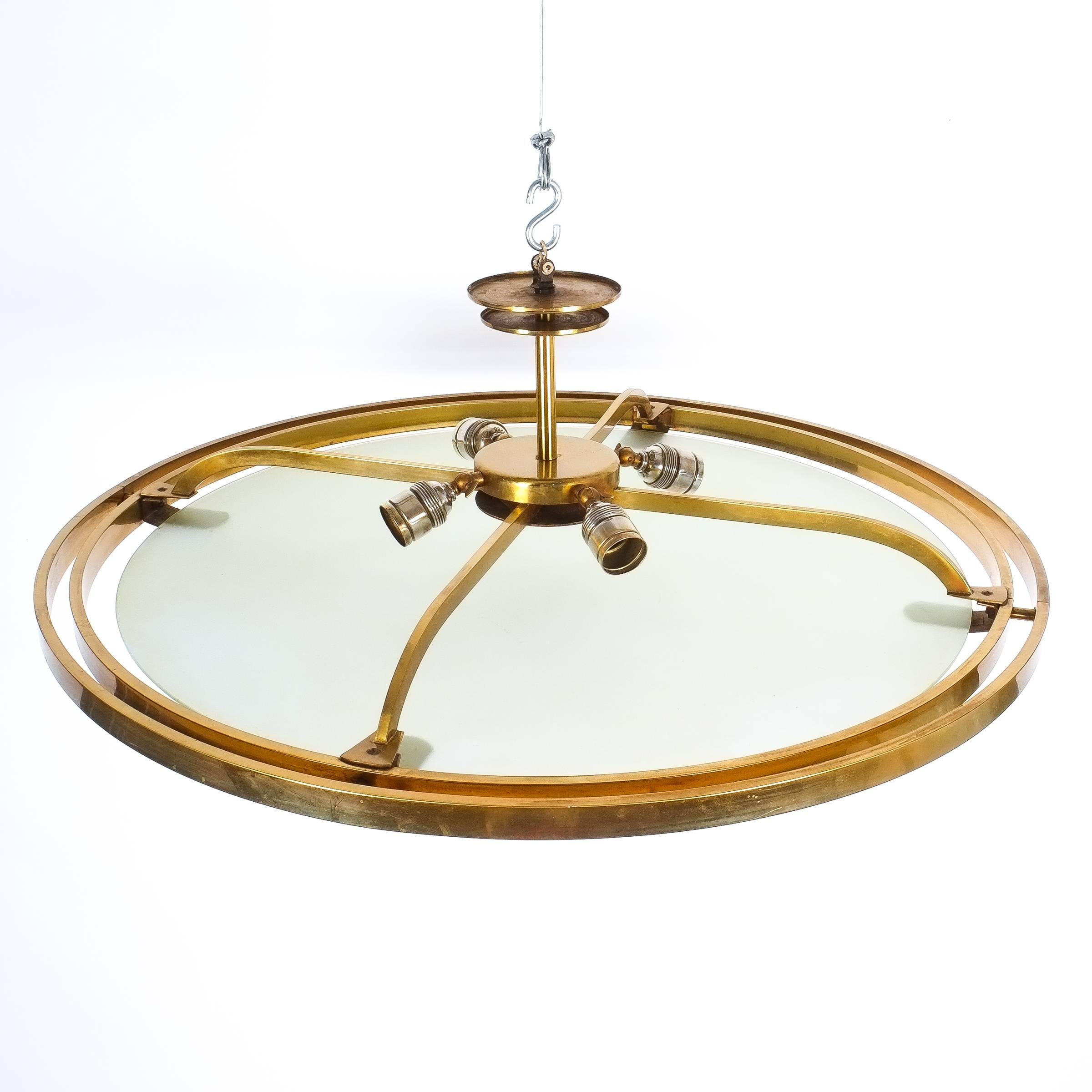 Burnished Art Deco Brass Satin Glass Graphical Ceiling Lamp Flush Mount UFO, circa 1920
