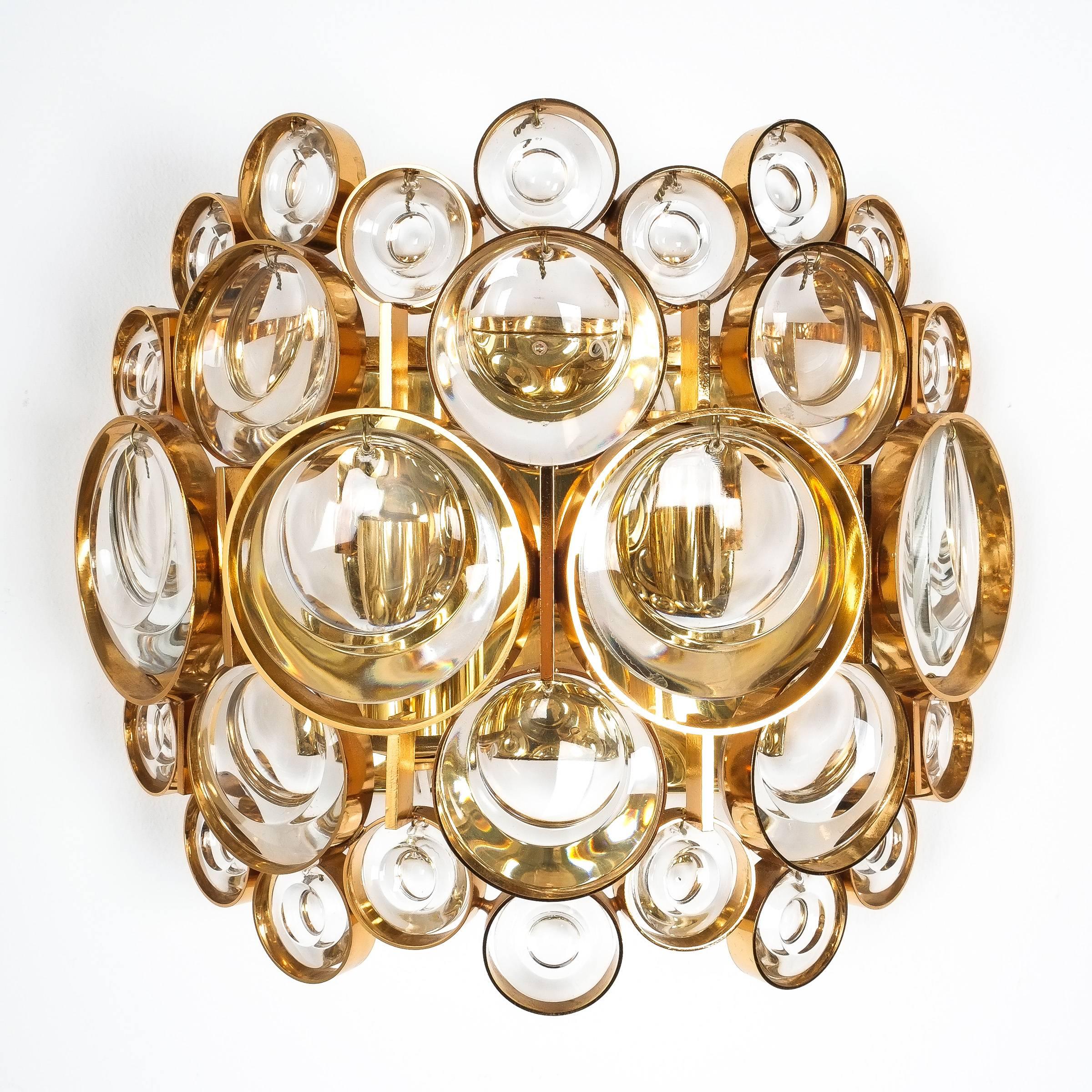 Gilt Pair of Gold-Plated Brass and Crystal Glass Wall Lamps Sconces by Palwa, 1960