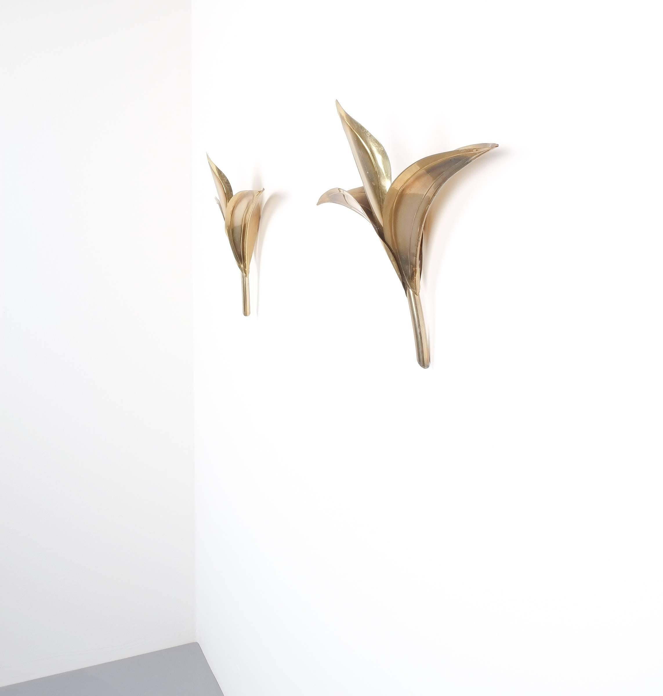 Artisan Brass Pair of Lily Wall Lamps in Tommaso Barbi Style, Carlo Giorgi, 1950 2