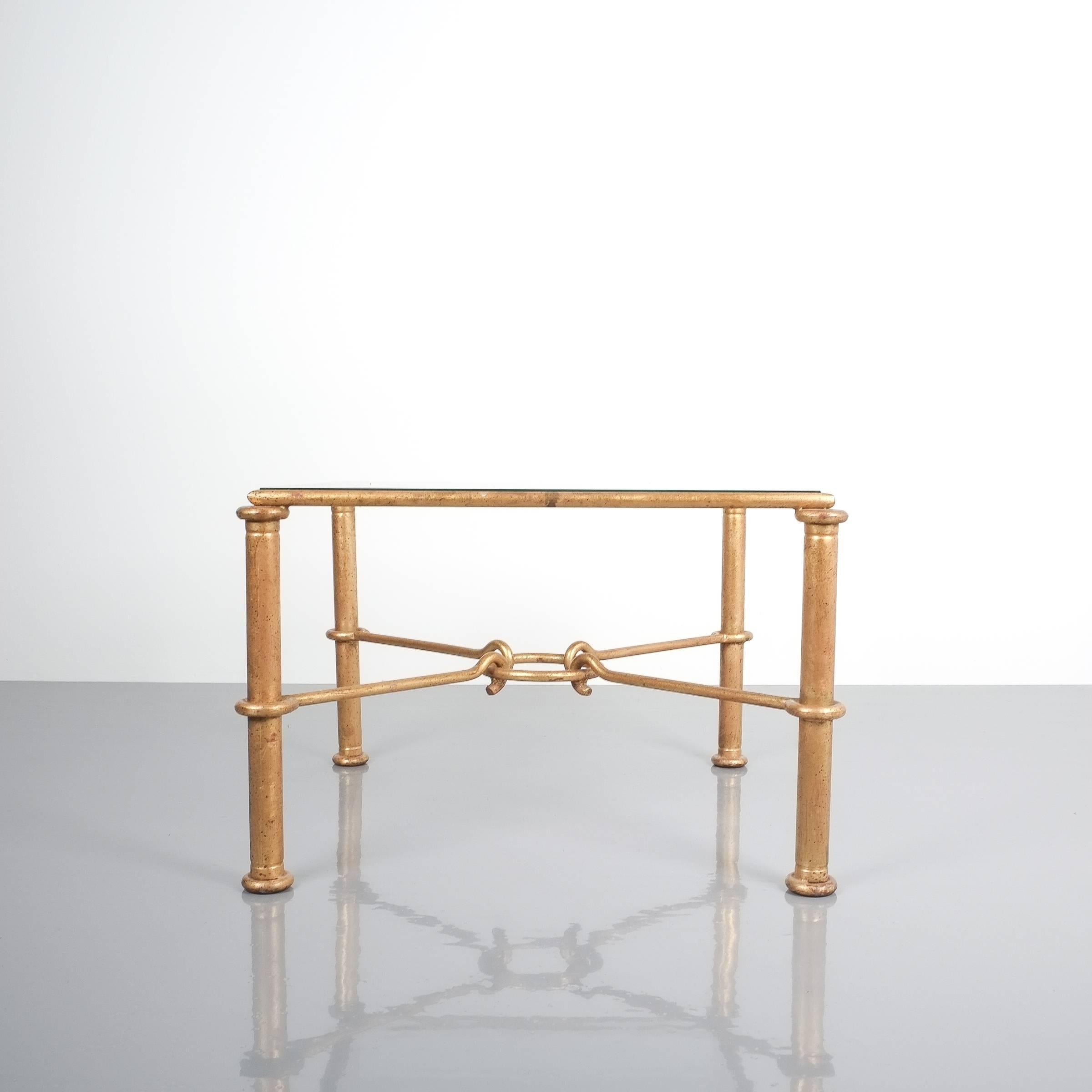 Mid-Century Modern Rene Drouet Attributed Pair of Gilt Iron Side Tables, France, 1950