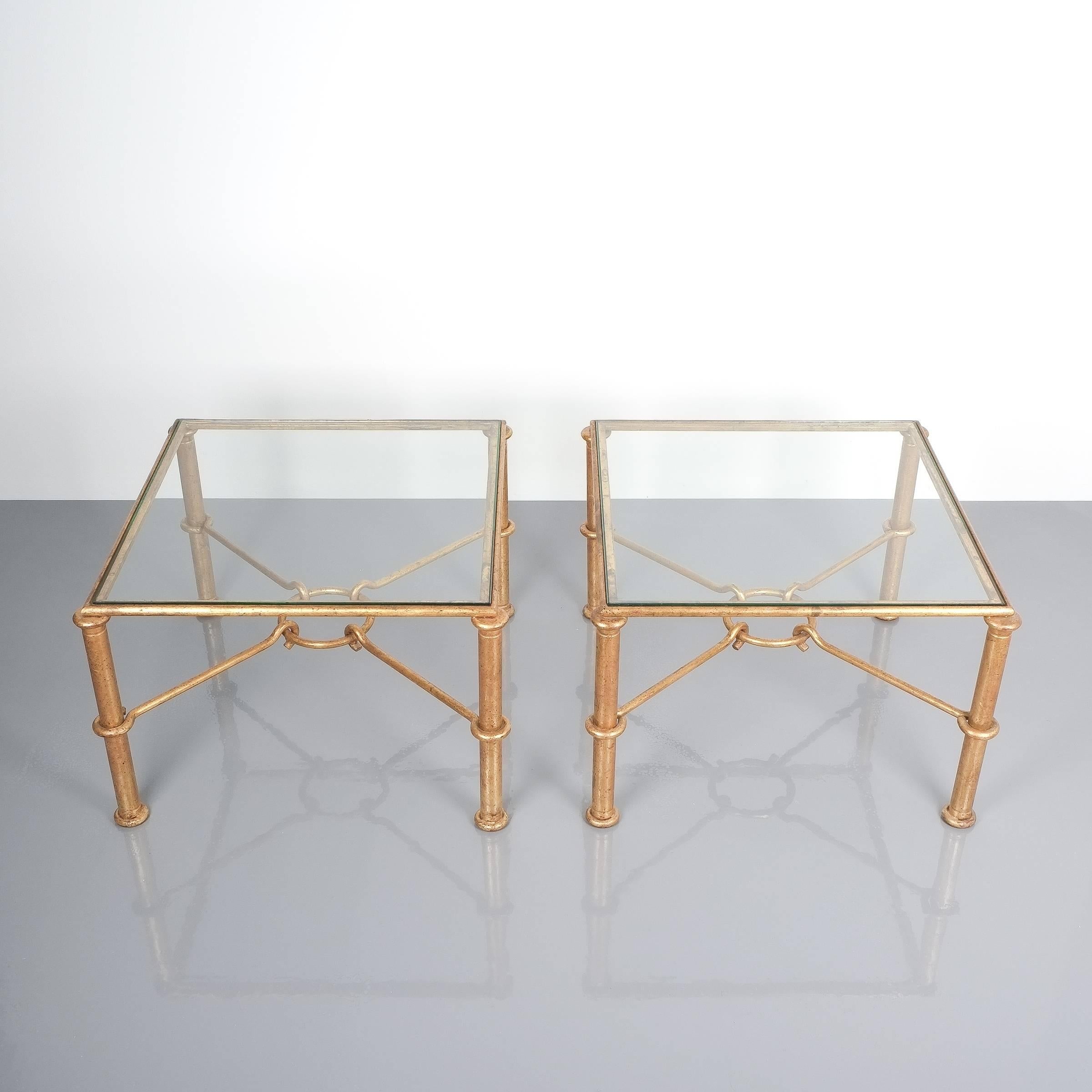 Rene Drouet attributed pair of gilt iron side tables, France, 1950. Pair of 24.8