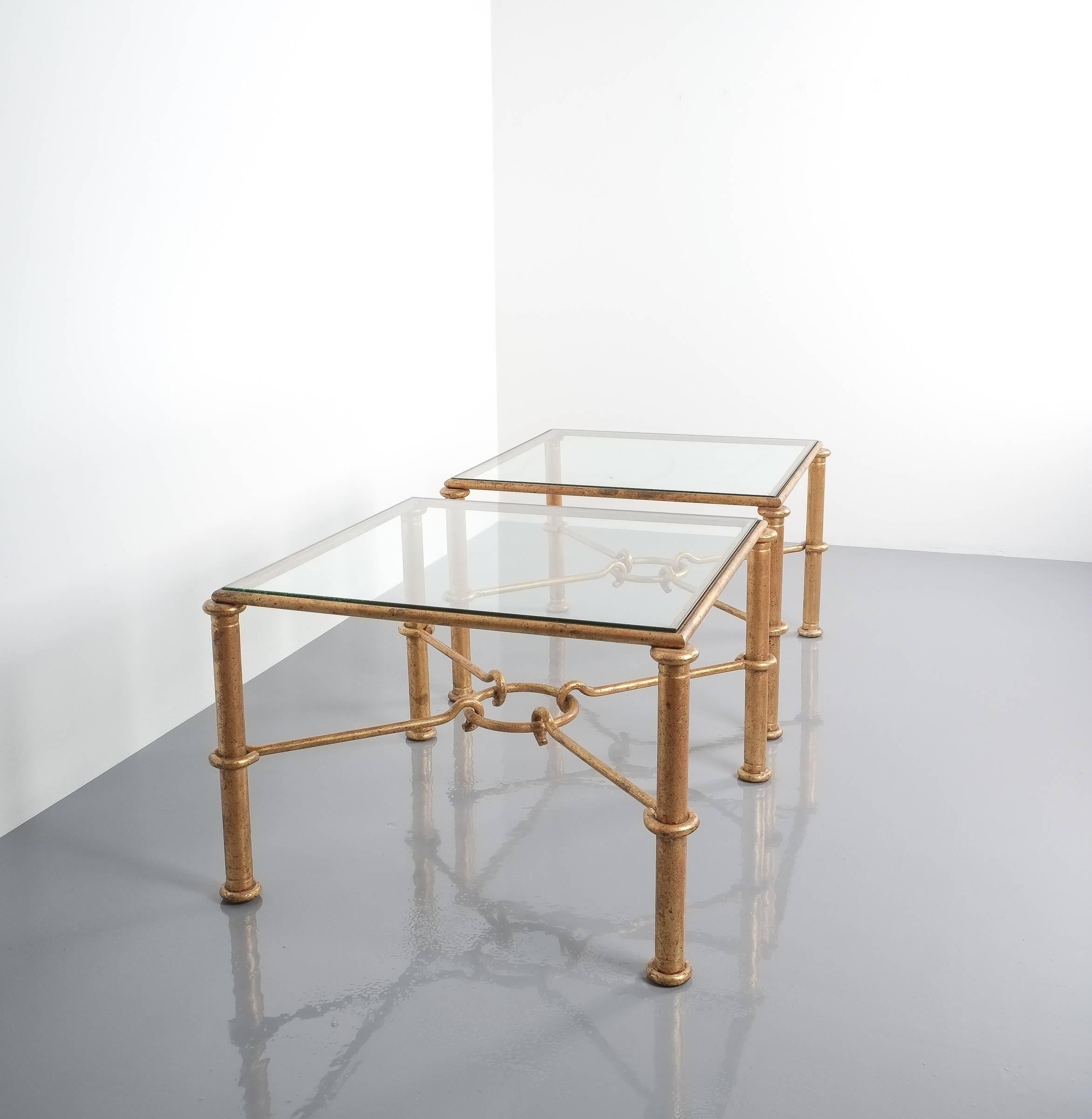 Glass Rene Drouet Attributed Pair of Gilt Iron Side Tables, France, 1950
