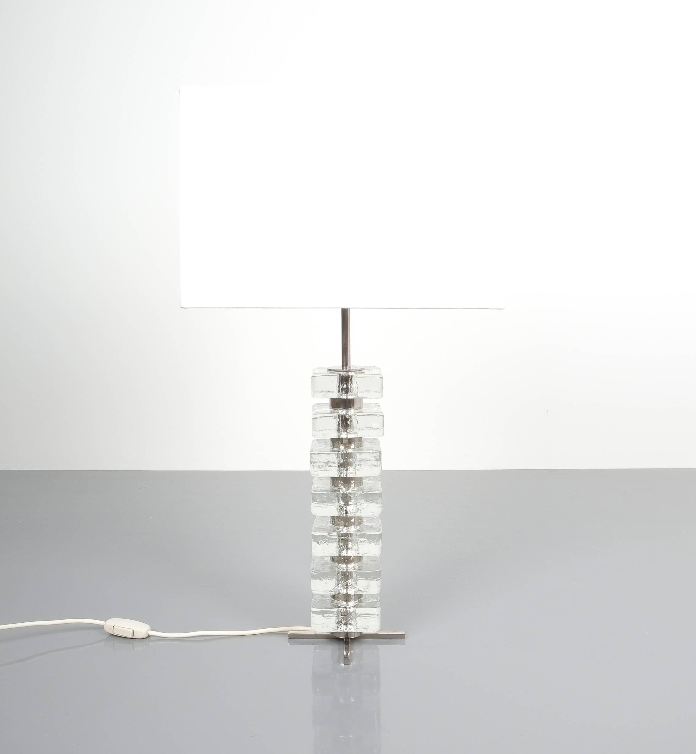 Bakalowits & Sohne square block glass table light large, Austria, 1960. Beautiful large table lamp by Bakalowits & Sohne Austria. The table light is composed of smooth and heavy stacked cast glass blocks and nickeled brass hardware. The light is in