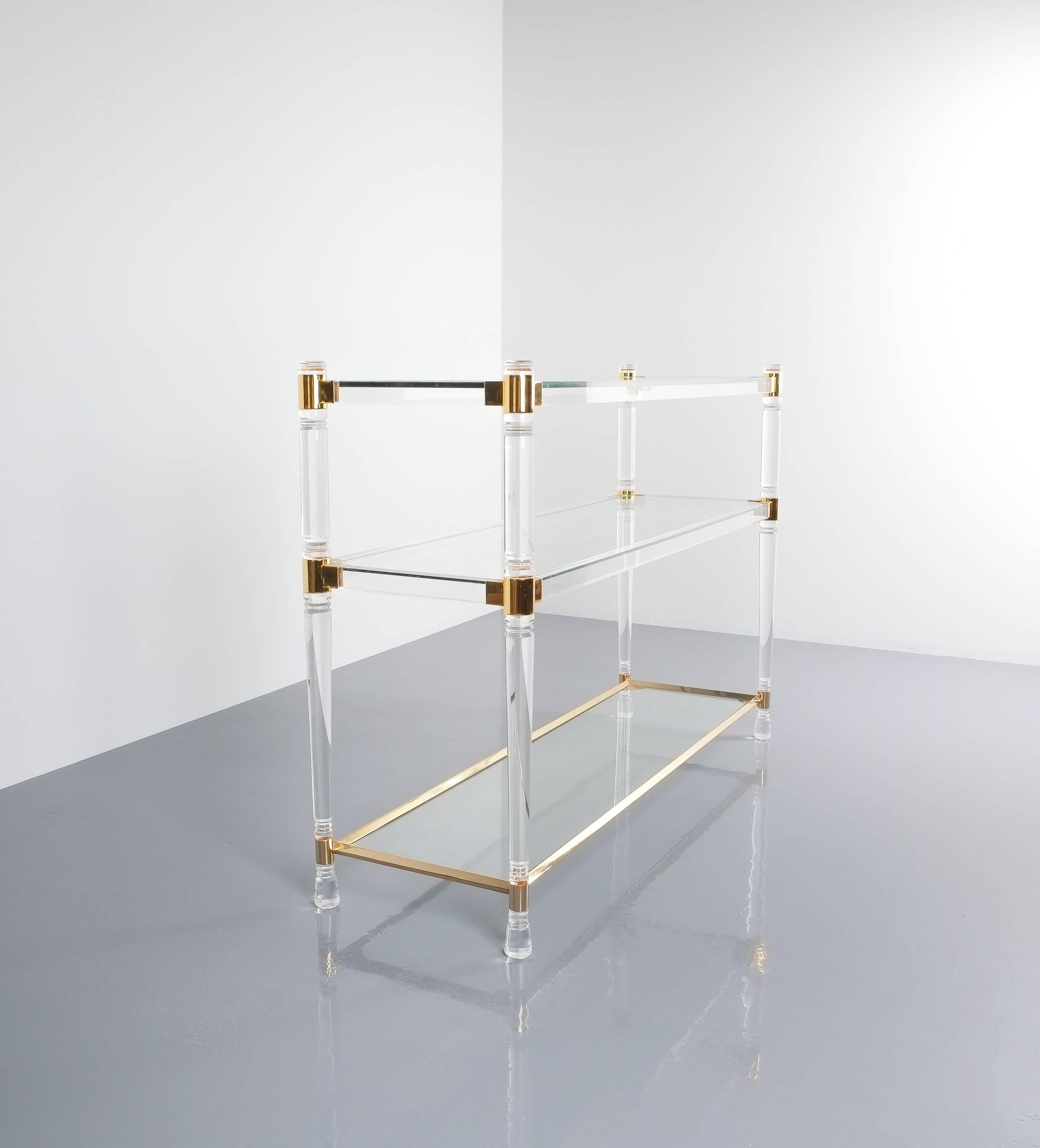 Gilt Romeo Rega Console Table Lucite Glass Gold Brass, 1970