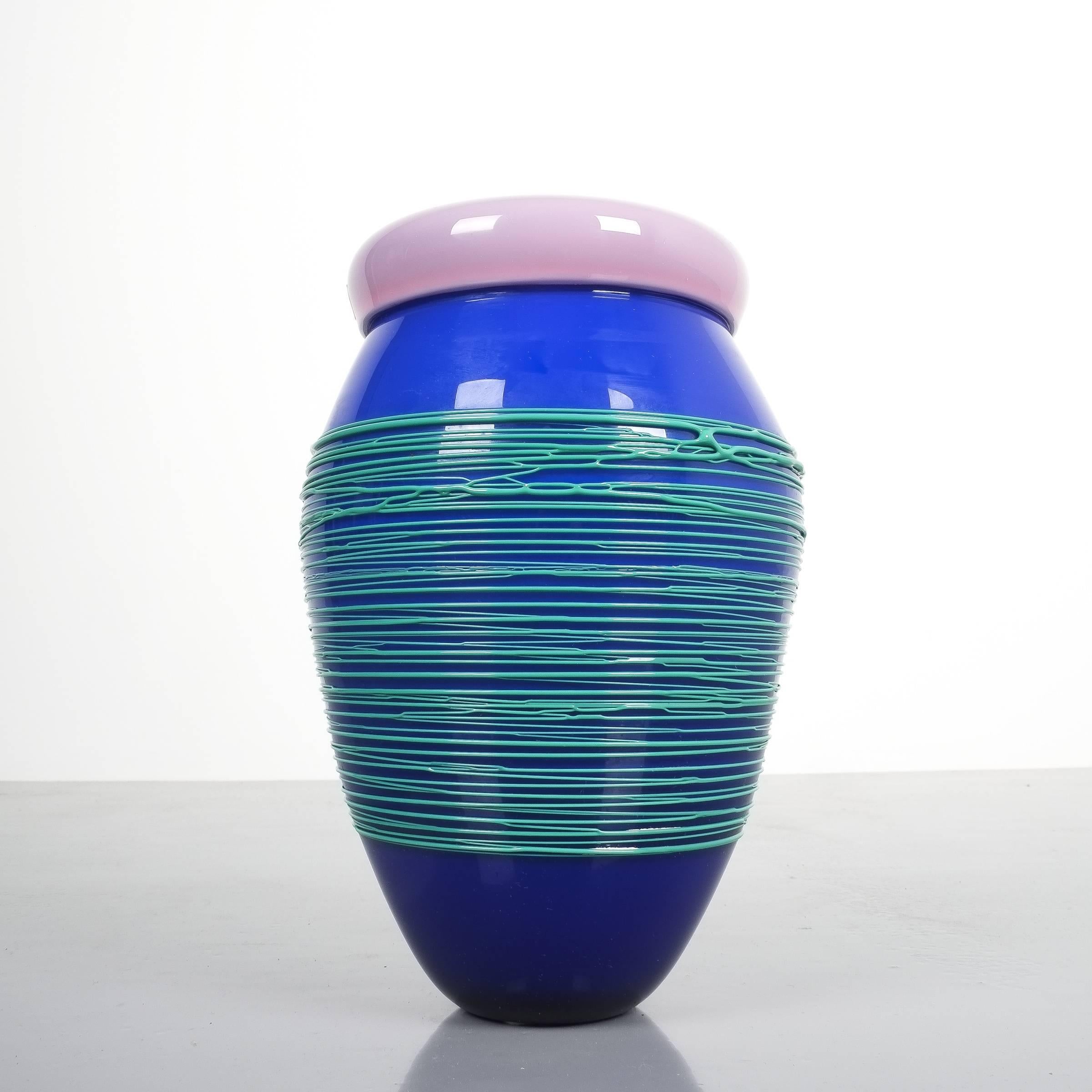 Toots Zinsky Chiacchiera Venini vase, Italy, 1990. Incamiciato glass with applied threading Incised signature to underside: Zinsky x Venini 90. Signed with decal manufacturer's label to lip: Venini Murano Made in Italy. Excellent condition, no