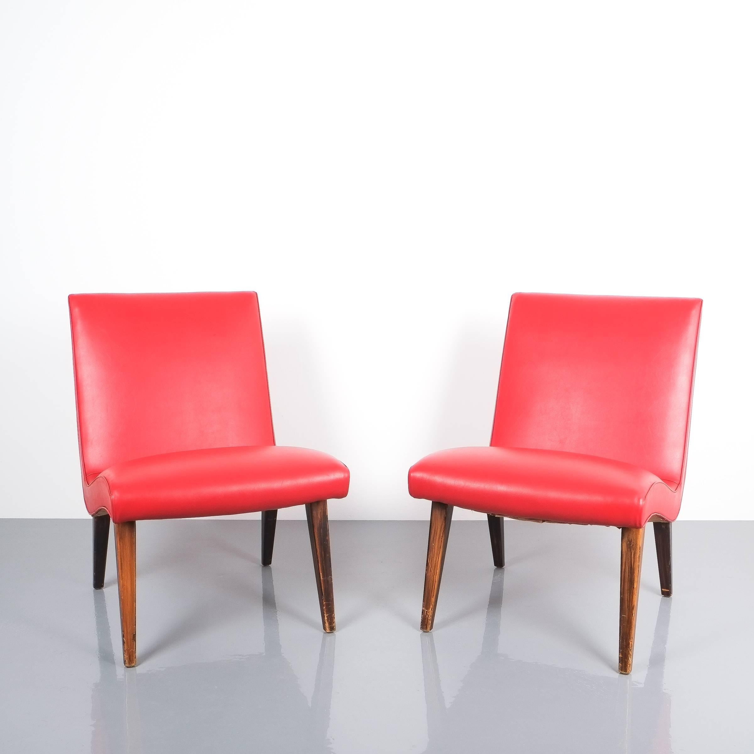 Dutch Jens Risom Pair of Red Vinyl Faux Leather Chairs 1950 For Sale