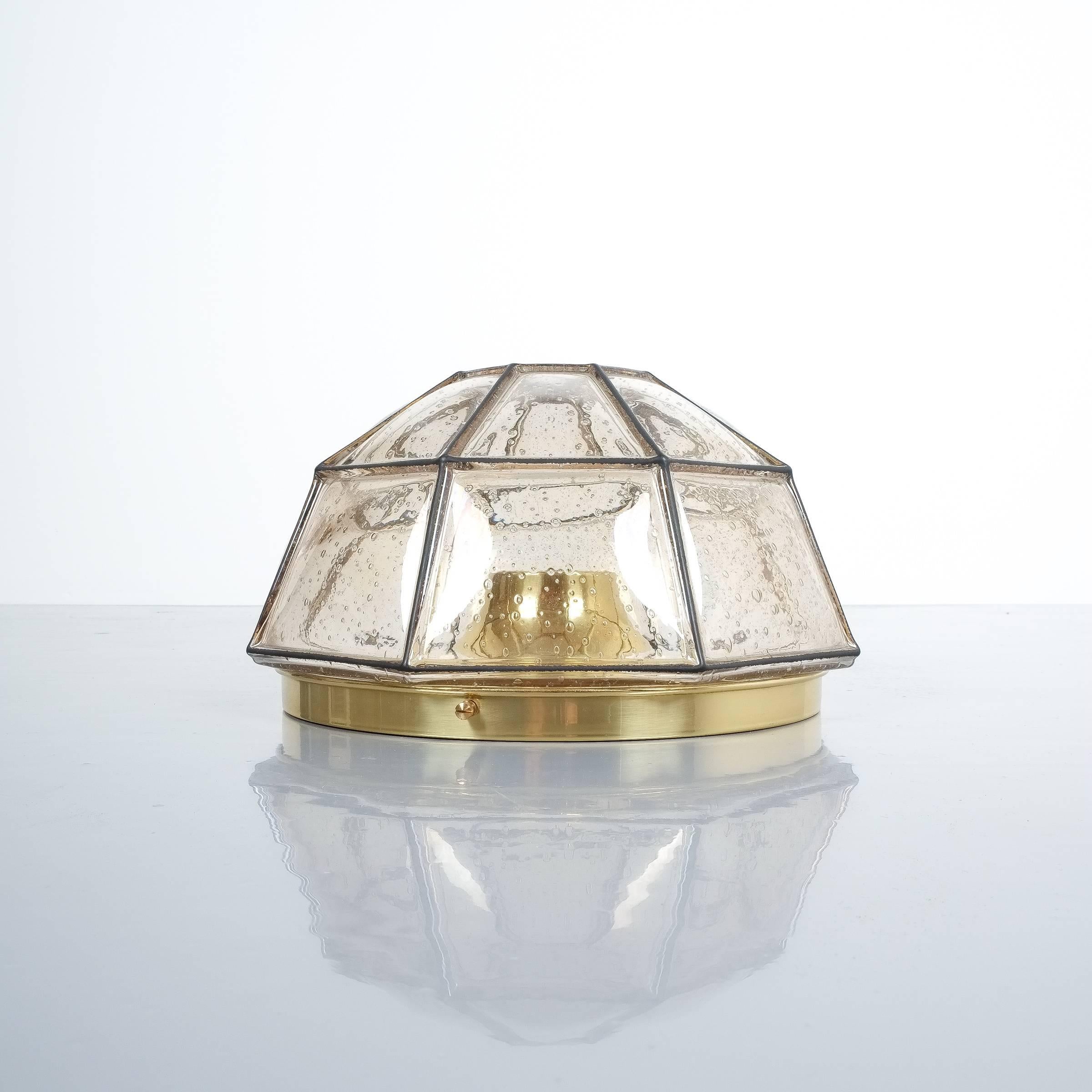 Mid-Century Modern Glashütte Limburg Brass and Glass Flush Mount Ceiling Lamp, Germany, 1960