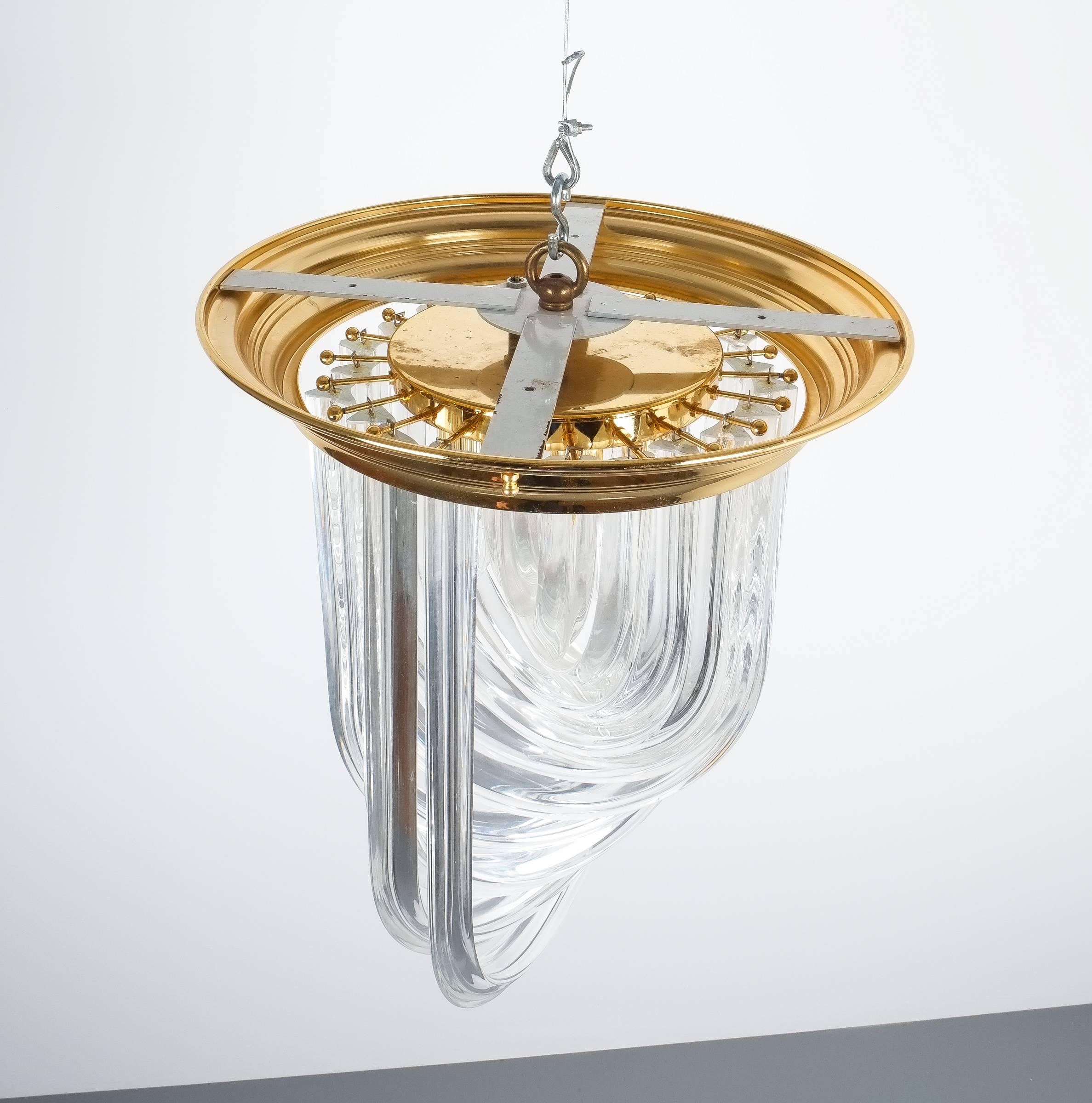 Italian Venini Curved Crystal Glass Gilt Brass Flush Mount Lamp, Italy, 1960 For Sale