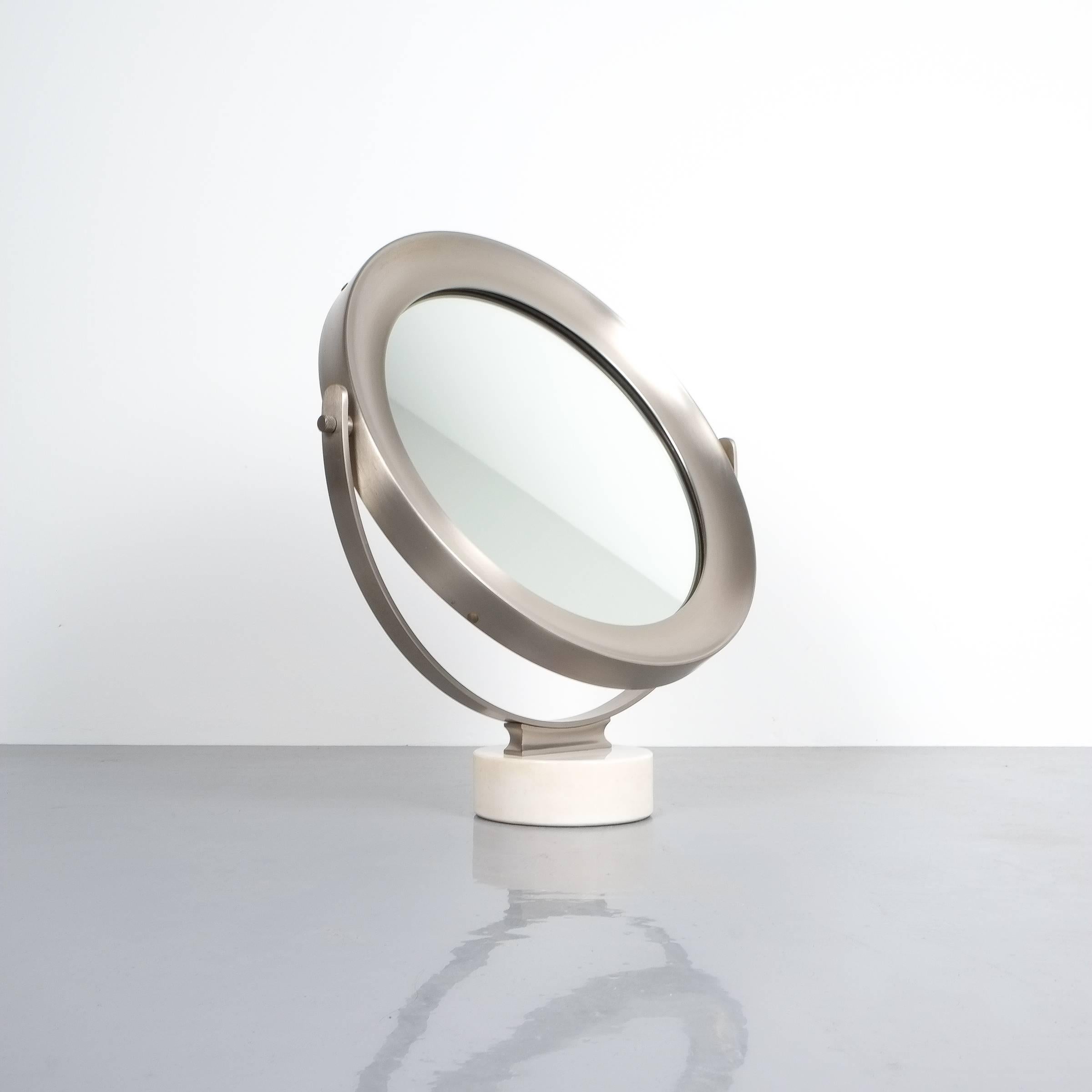 Sergio Mazza swivel marble table mirror, Italy, 1960, modern swivel table mirror with white marble base and brushed nickelled brass metal frame, excellent condition. Mirror only measures 13