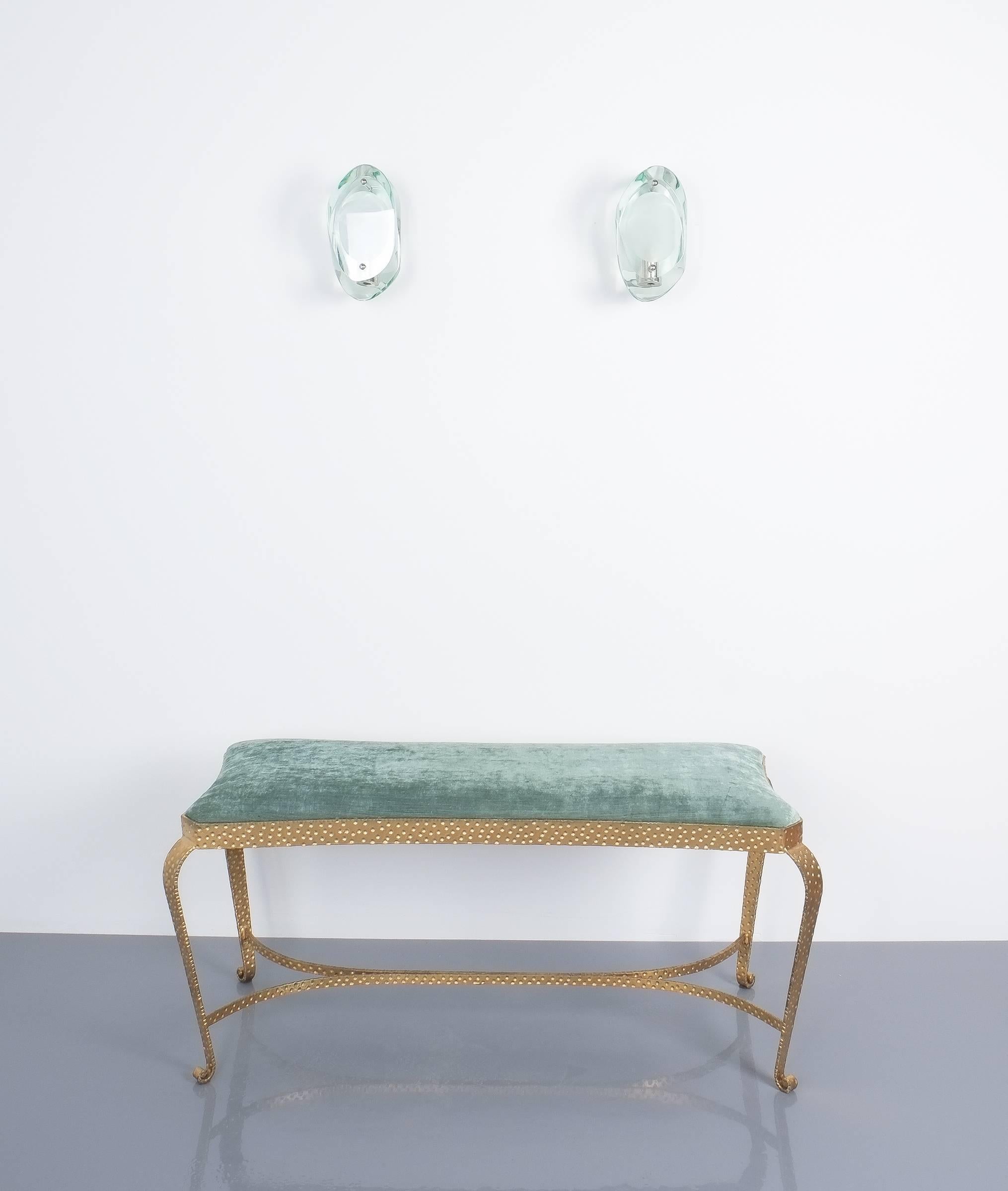 Italian Pier Luigi Colli Gold Iron Bench Green Fabric, Italy, 1950