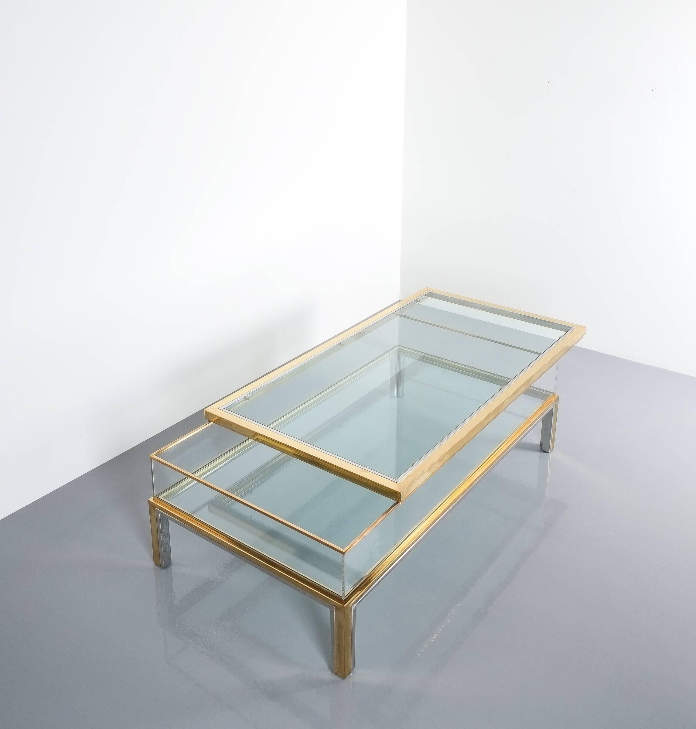 Maison Jansen Sliding Glass and Brass Chrome Coffee Table, France, 1970 3