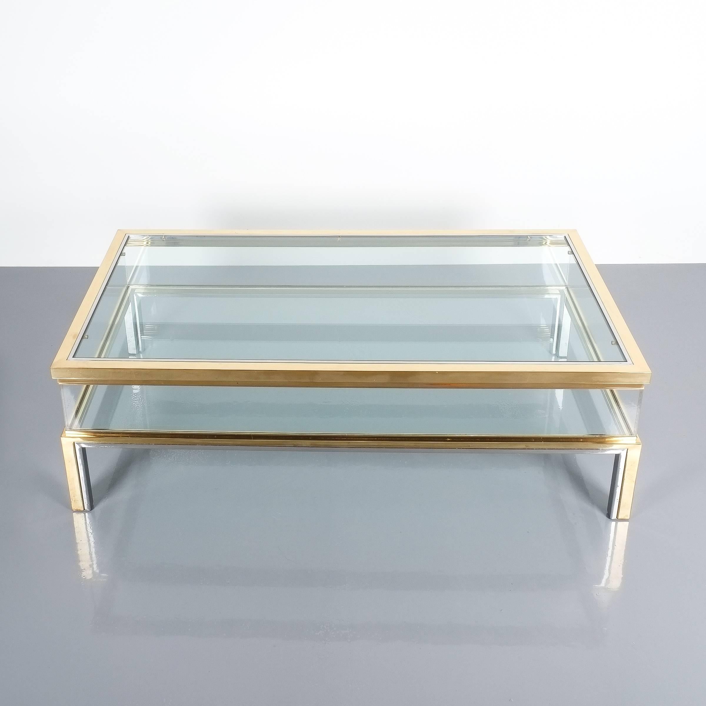 Maison Jansen Sliding Glass and Brass Chrome Coffee Table, France, 1970 4