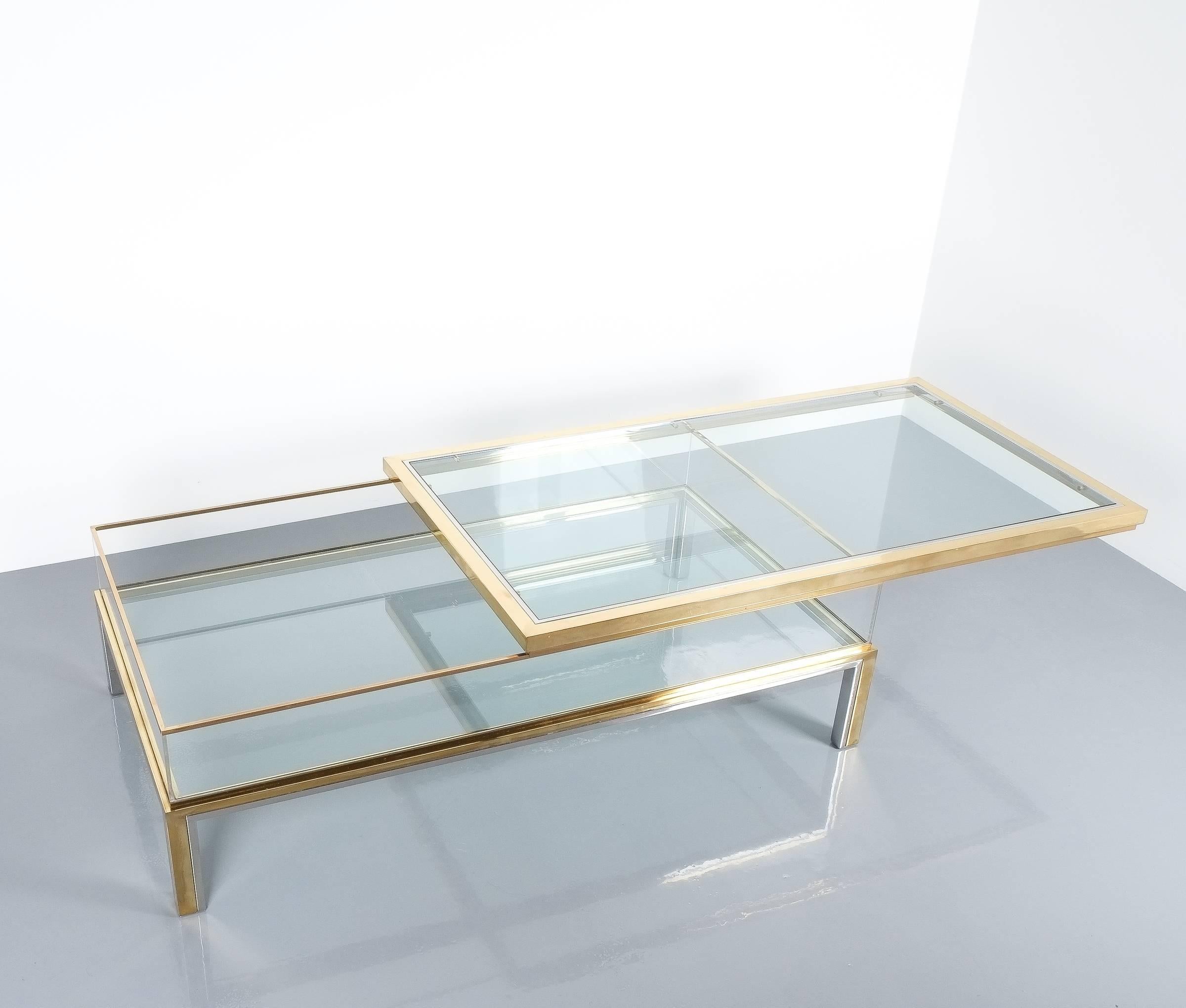 Maison Jansen Sliding Glass and Brass Chrome Coffee Table, France, 1970 1