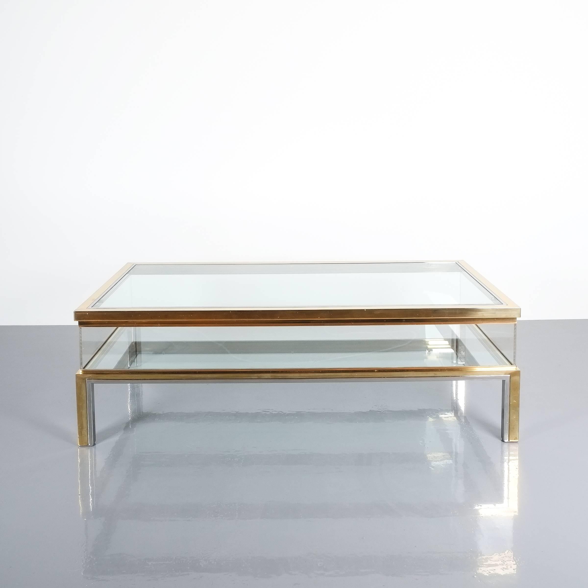 Hollywood Regency Maison Jansen Sliding Glass and Brass Chrome Coffee Table, France, 1970