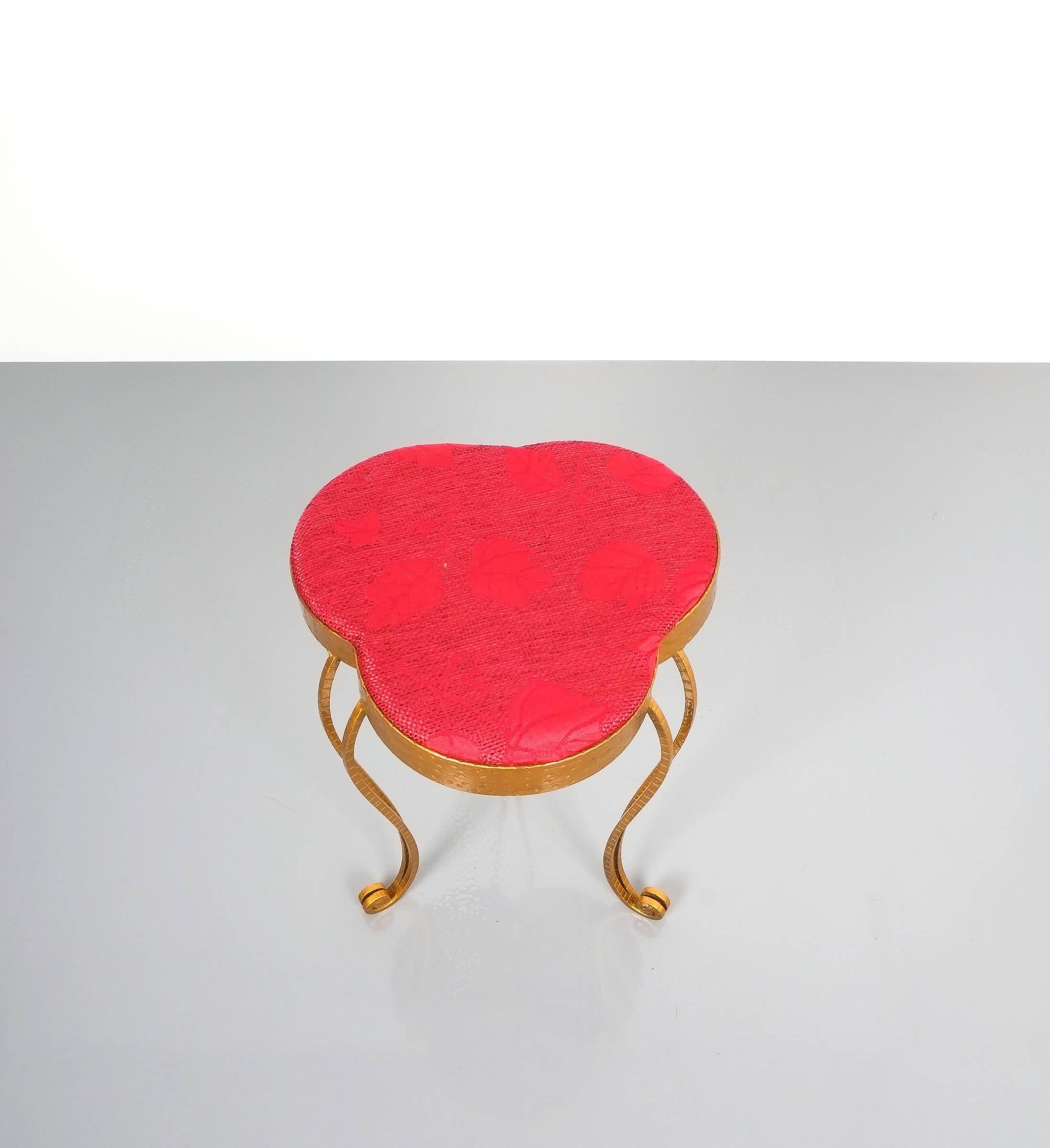 Mid-Century Modern Pair of Pier Luigi Colli Gold Iron Clover Stools Red Fabric, Italy, 1950