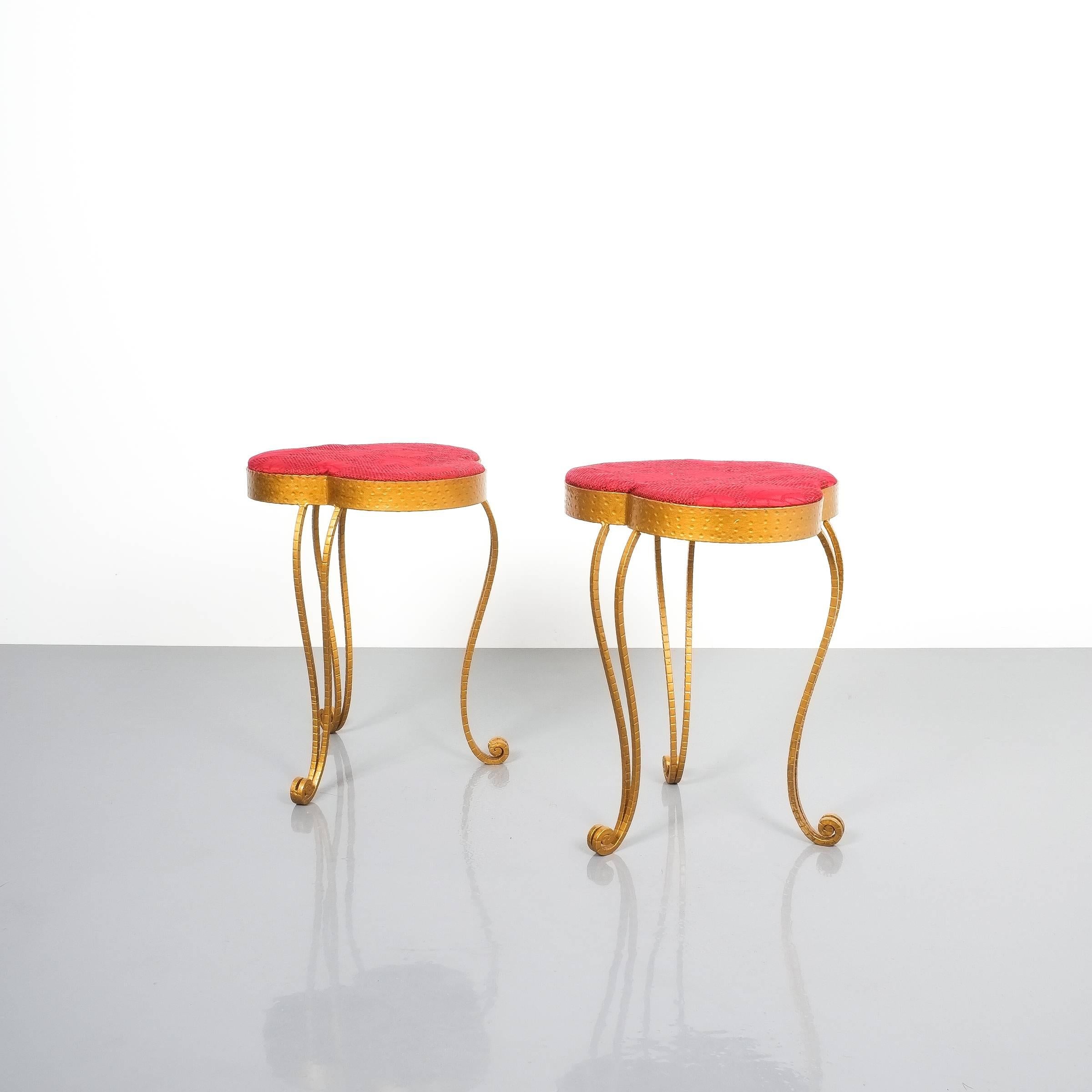 Pair of Pier Luigi Colli Gold Iron Clover Stools Red Fabric, Italy, 1950 In Good Condition In Vienna, AT