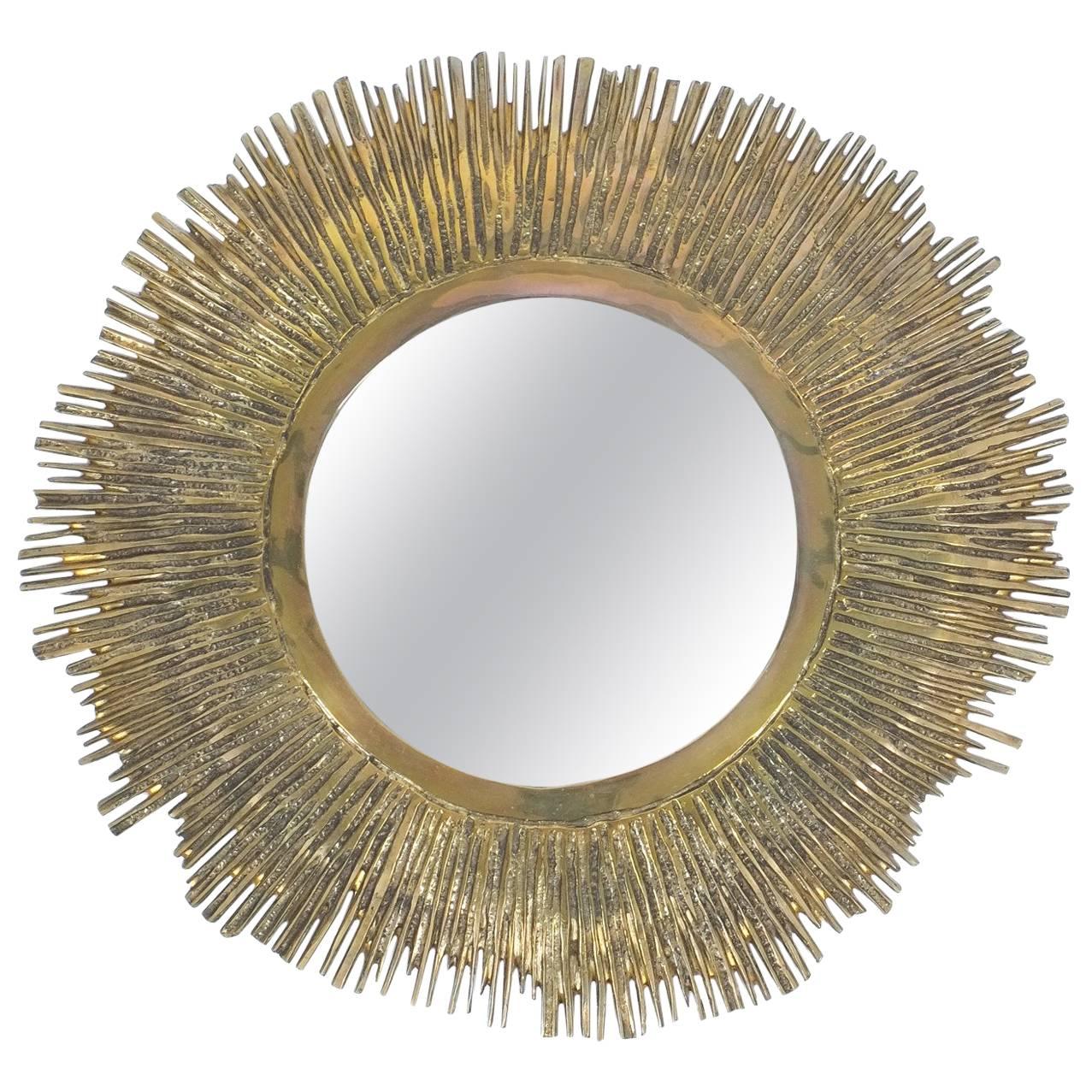 Solid Brass Sunburst Midcentury Mirror, France, circa 1955