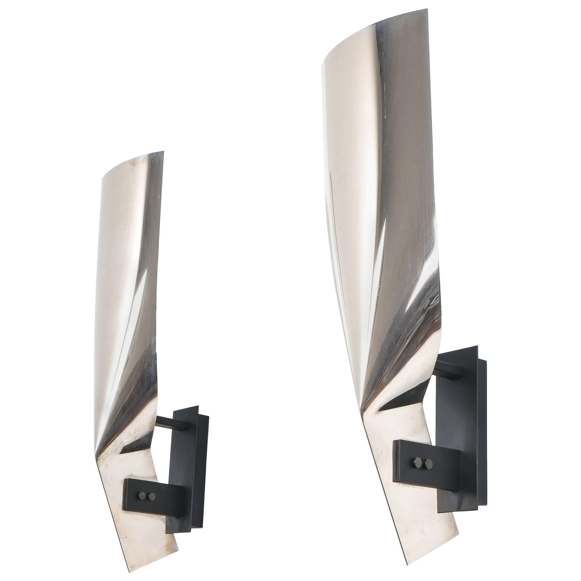 Polished Artisan Stainless Steel Wall Lamps Folded Large Sconces, France, 1980