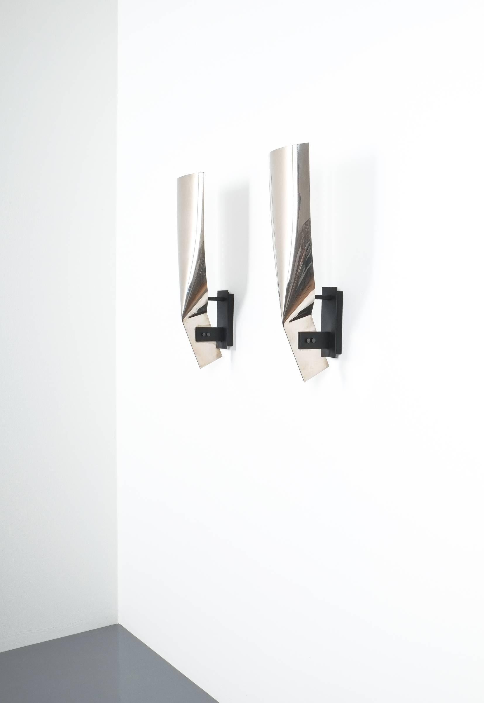Mid-Century Modern Polished Artisan Stainless Steel Wall Lamps Folded Large Sconces, France, 1980