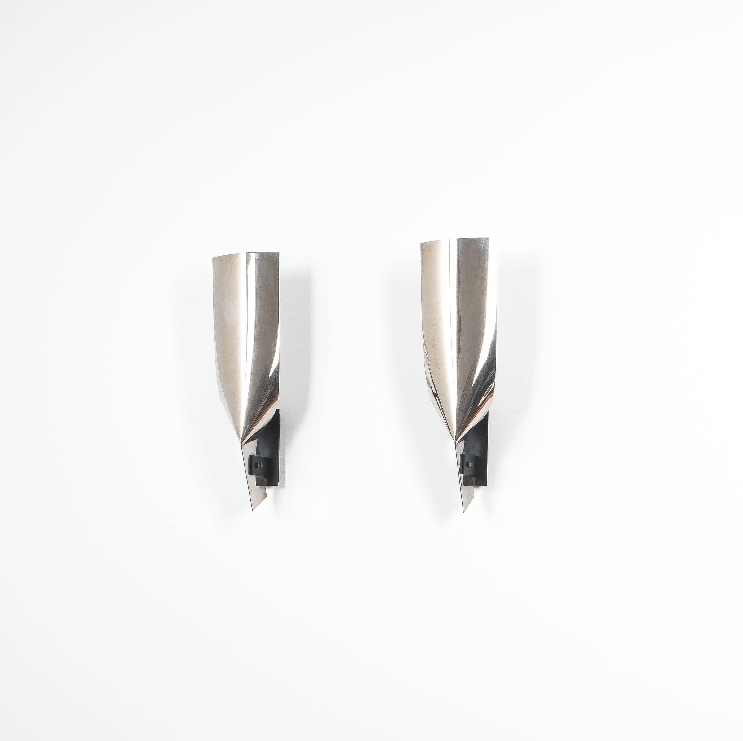 Late 20th Century Polished Artisan Stainless Steel Wall Lamps Folded Large Sconces, France, 1980